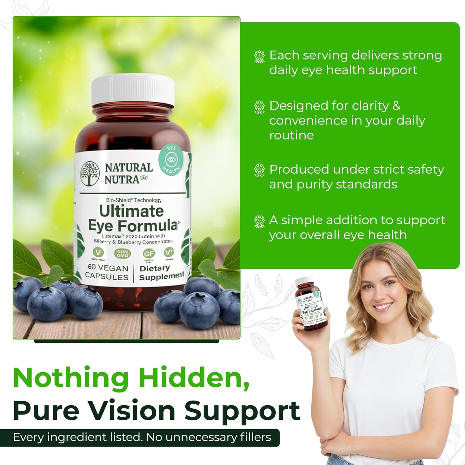 Natural Nutra Ultimate Eye Health Supplement - Bilberry & Blueberry Extract Blend for Day and Night Vision Support, Promotes Color Perception & Eye Clarity - Non-GMO, Gluten-Free, Vegan - 60 Capsules