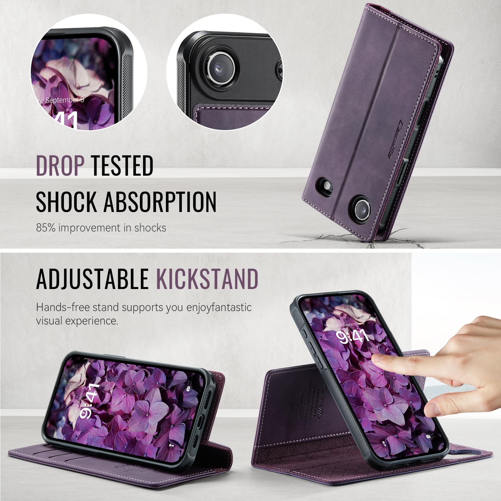 Etui portfelowe na iPhone'a 17 Air z 3 przegródkami na karty i przegródkami na gotówkę, magnetyczne zamknięcie z klapką, odłączany magnetyczny design 2 w 1, kompatybilne z Magsafe - fioletowe