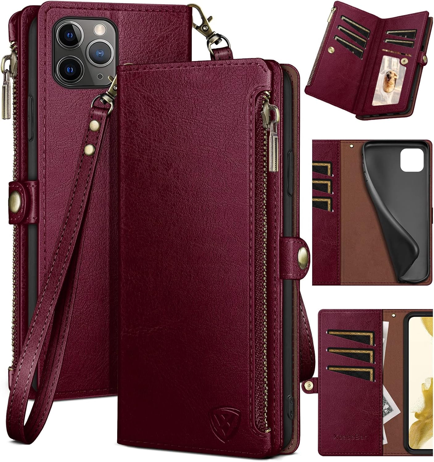XcaseBar for iPhone 11 Pro 5.8" Wallet case with Zipper Credit Card Holder【RFID Blocking】, Flip Folio Book PU Leather Phone case Shockproof Cover Women Men for Apple 11 Pro case Wine Red