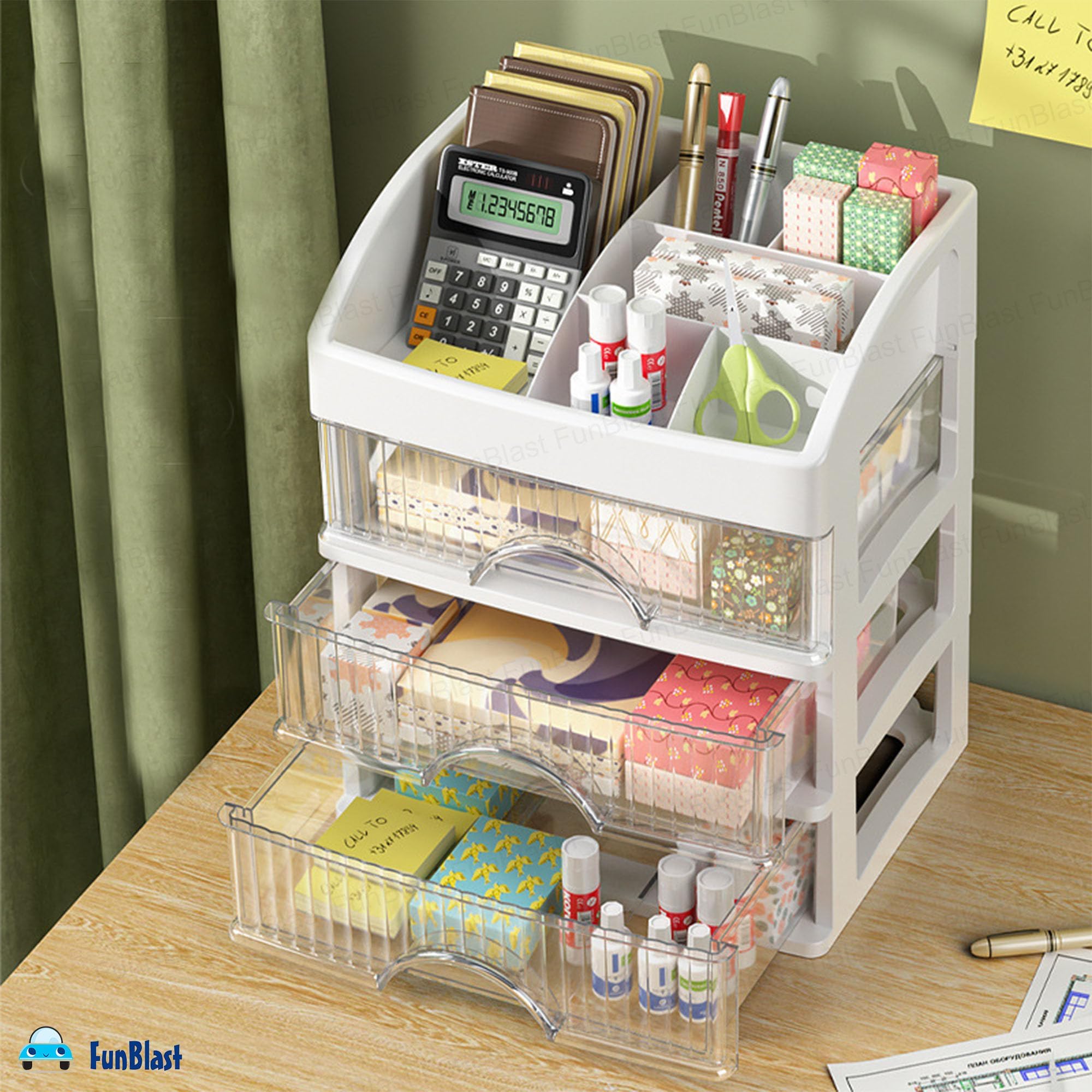 FunBlast Organizer da scrivania con cassetto, supporto per cancelleria, portapenne e matite, portapenne, organizer da scrivania multifunzionale, organizer da scrivania a 4 scomparti (bianco)