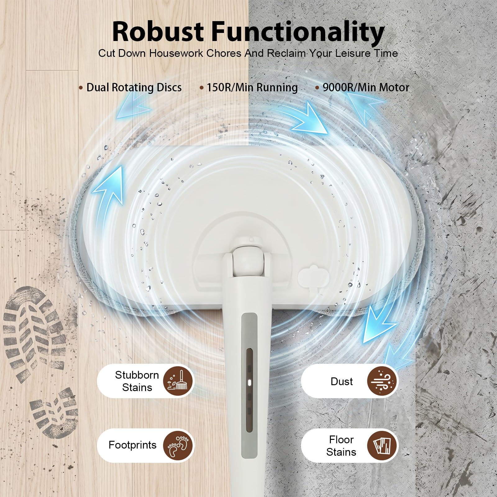 Kabellos Wischmopp Poliermaschine Elektrischer Wischer Mopp Bodenreiniger Spin Mop Mit Sprühfunktion und LED Bodenwischer zum Wischen Schrubben Polieren Hartholzböden Fliesen Laminat