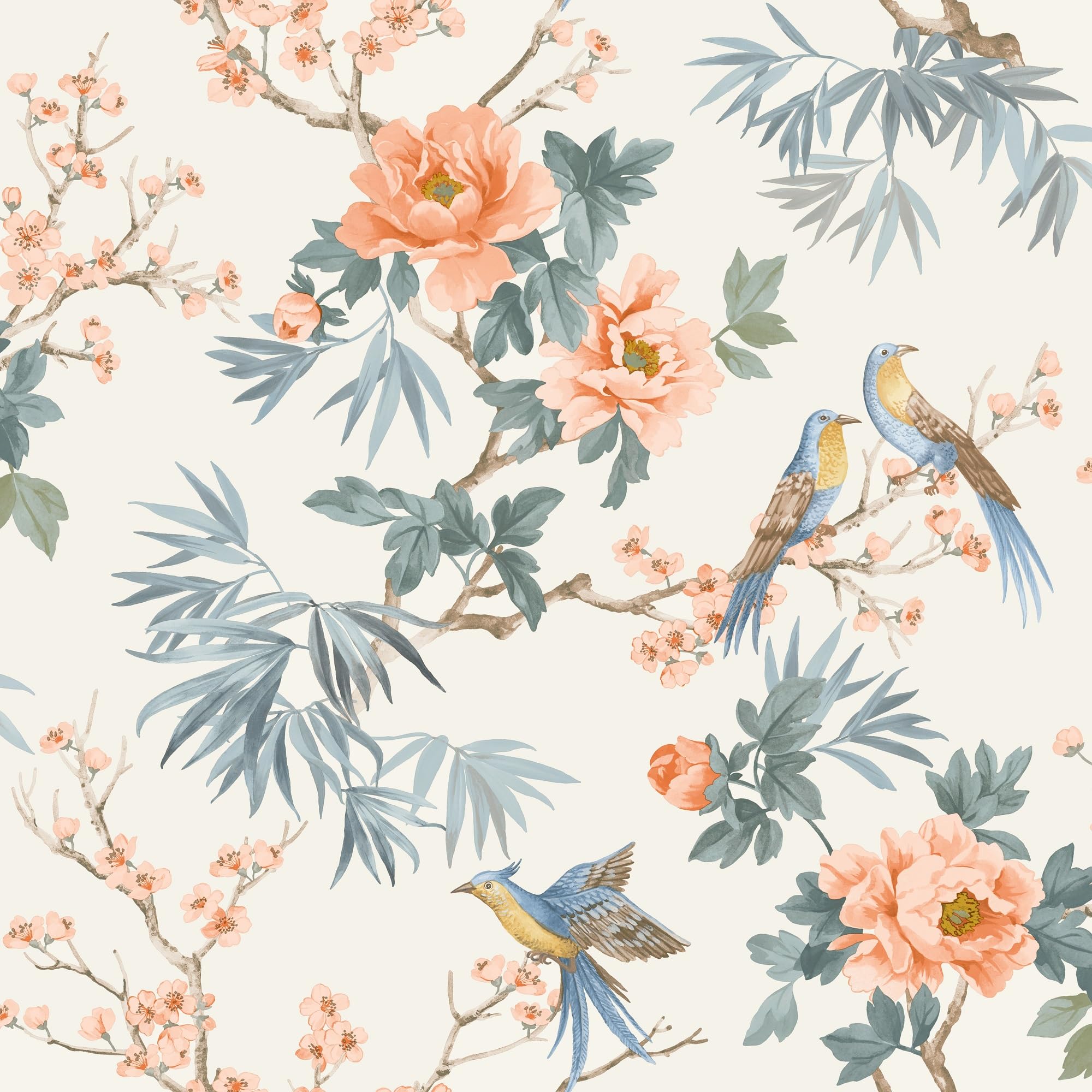 Sophie Laurence Off White Amie Jardin Chinoiserie Floral Wallpaper, Birds And Blooms, Nature Inspired Decor, 10M Roll