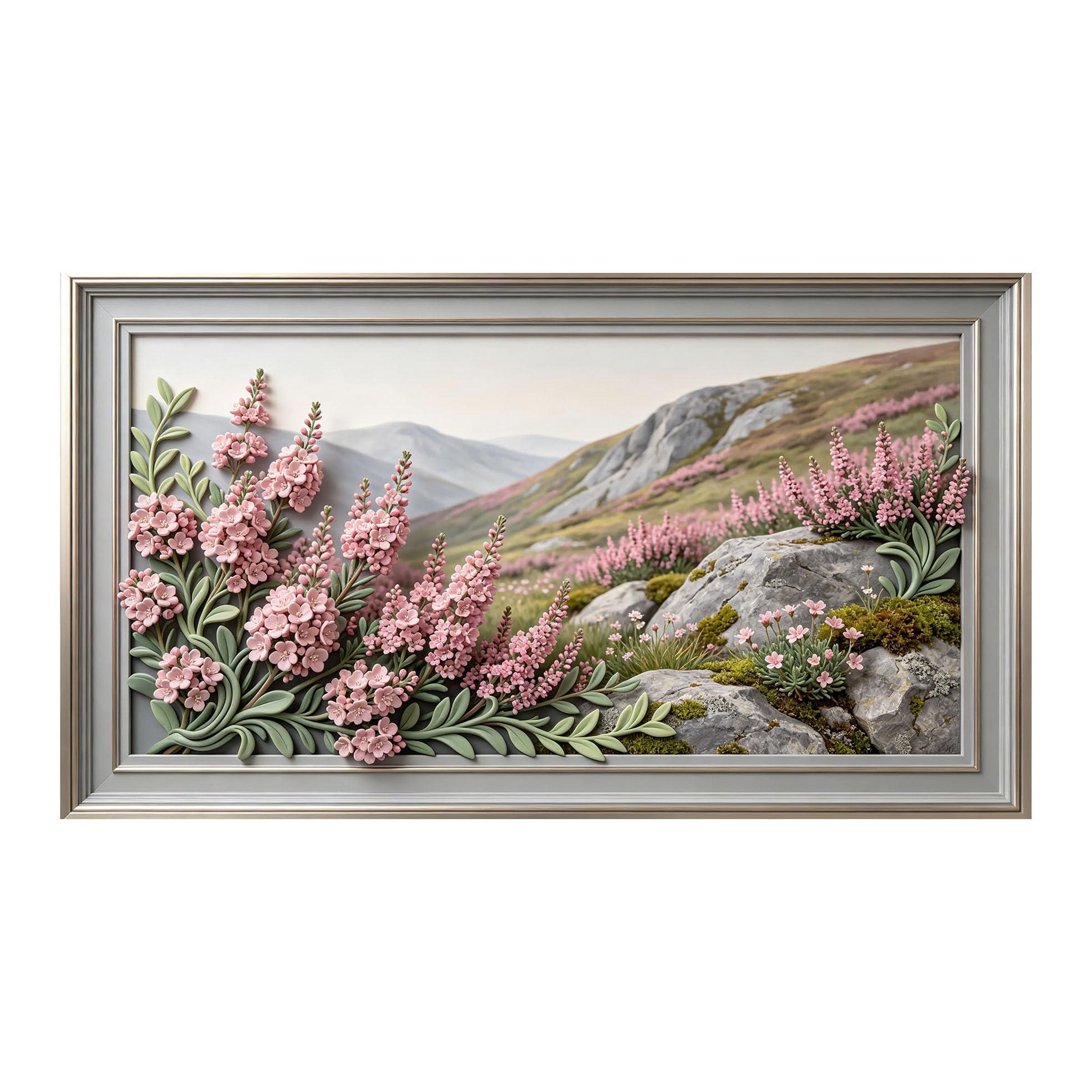 Murasolite 3D Framed Wall Art Mountain Floral Landscape 3D Effect SelfAdhesive Fabric Mural Wall Decor， Peel and Stick No Damage to Wall， AntiFall Safe Design for Bedroom Living Room