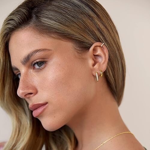 Miniatura 4 de PAVOI 14K Gold Plated 925 Sterling Silver Posts Cubic Zirconia Mini Huggie Earrings for Women Tiny Cartilage Helix Huggie Hoop Earrings