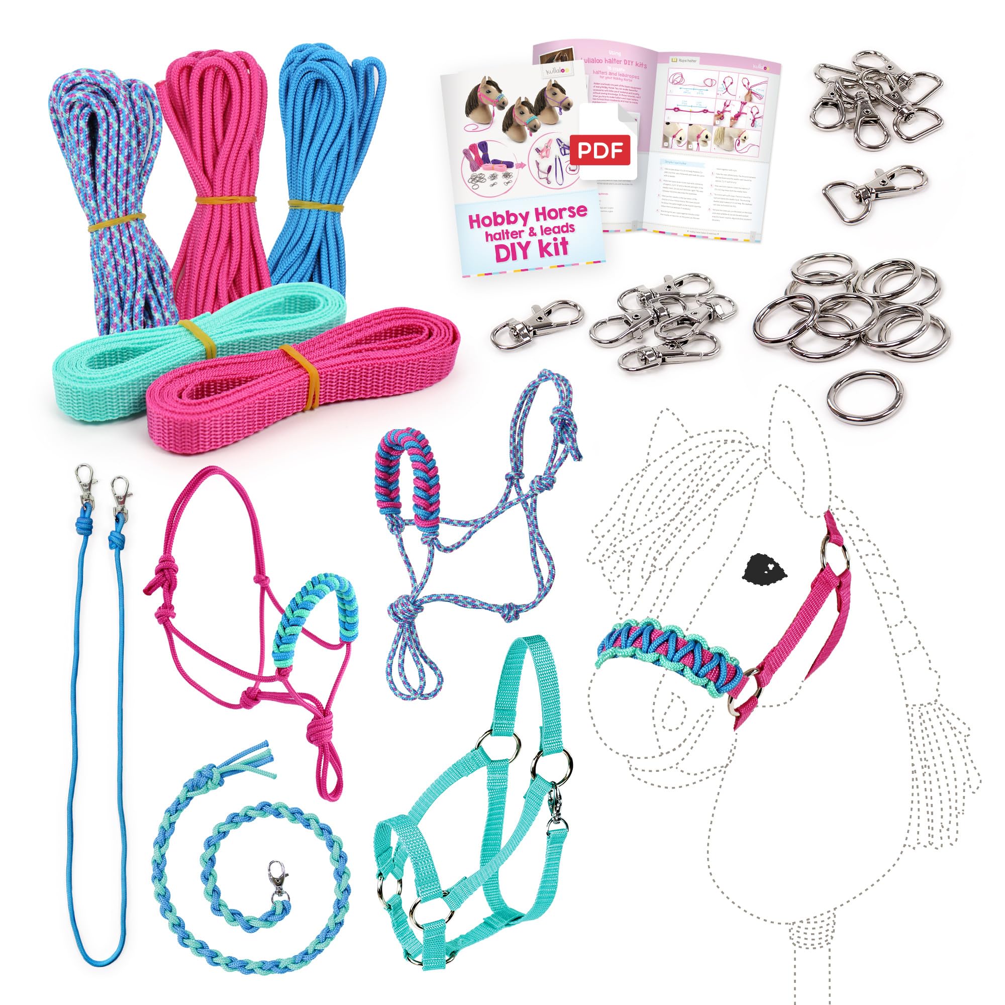 kullaloo DIY Hobby Horse Halter Kit ✦ Make Stick Horse Head Collars, Rope Halters & Reins ✦ Includes Digital Instructions (PDF) ✦ Aqua/Pink