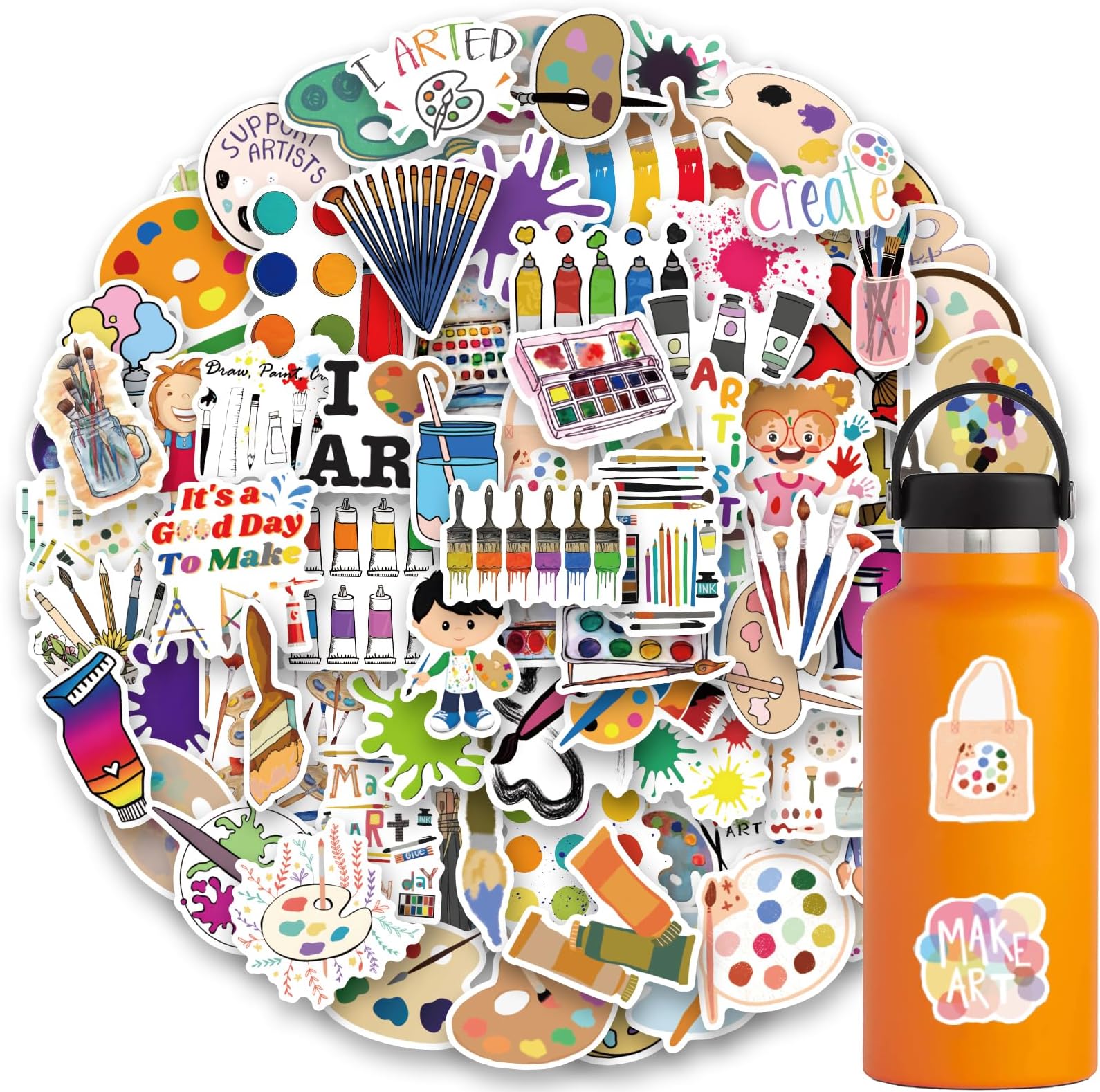 120pcs Art Painting Stickers - Paint Palette, Brushes, Pigment & Decals for Laptop, Water Bottles, Skateboard, Luggage, Computer, Toy, Phone - Gifts for Kids, Girls, Teens