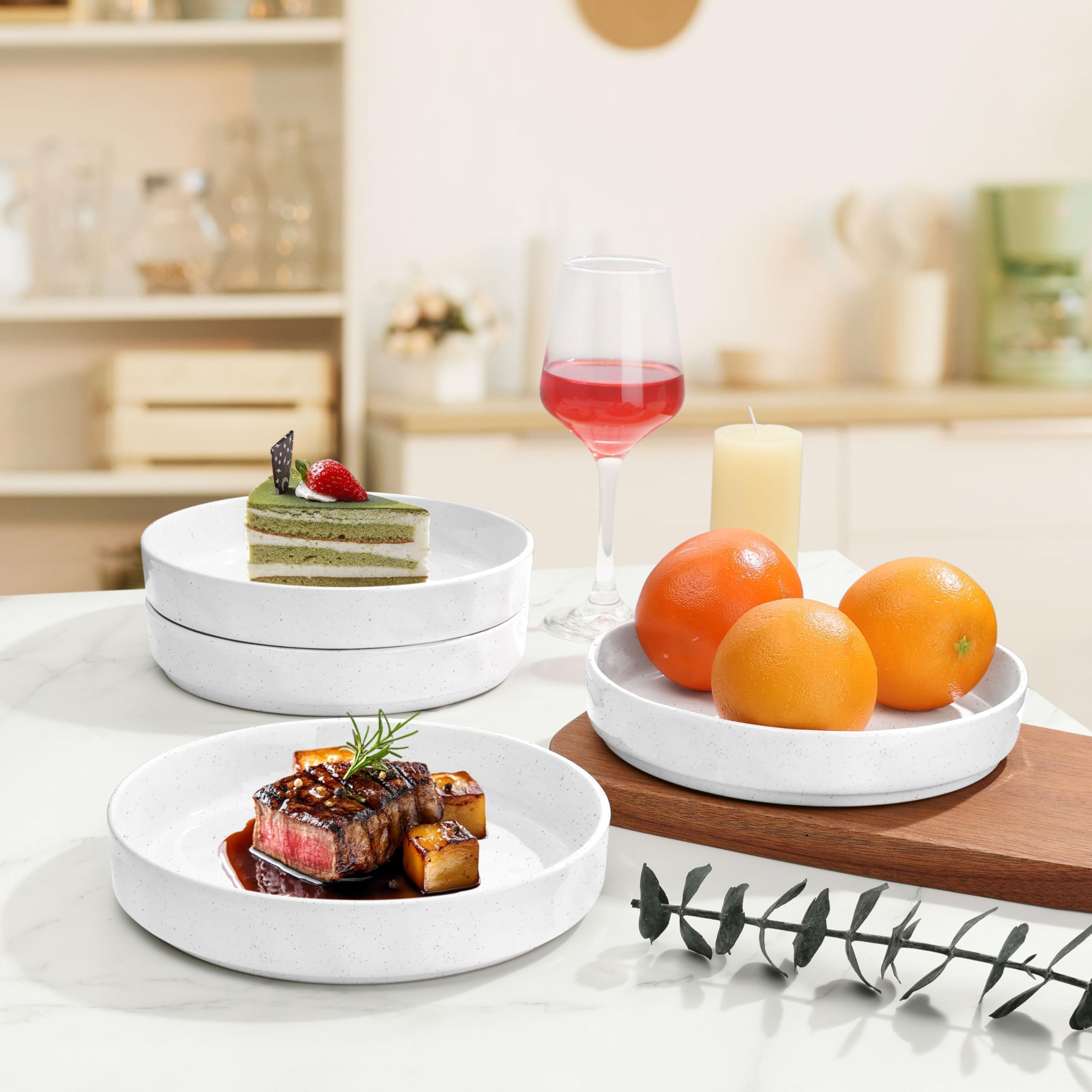 Herogo Pastaschüssel-Set, Steingut, groß, breit, flache Teller und stapelbare Servierschalen aus Keramik, für Salat, Suppe, Müsli, mikrowellen- und spülmaschinenfest, gesprenkelt, 4 Stück