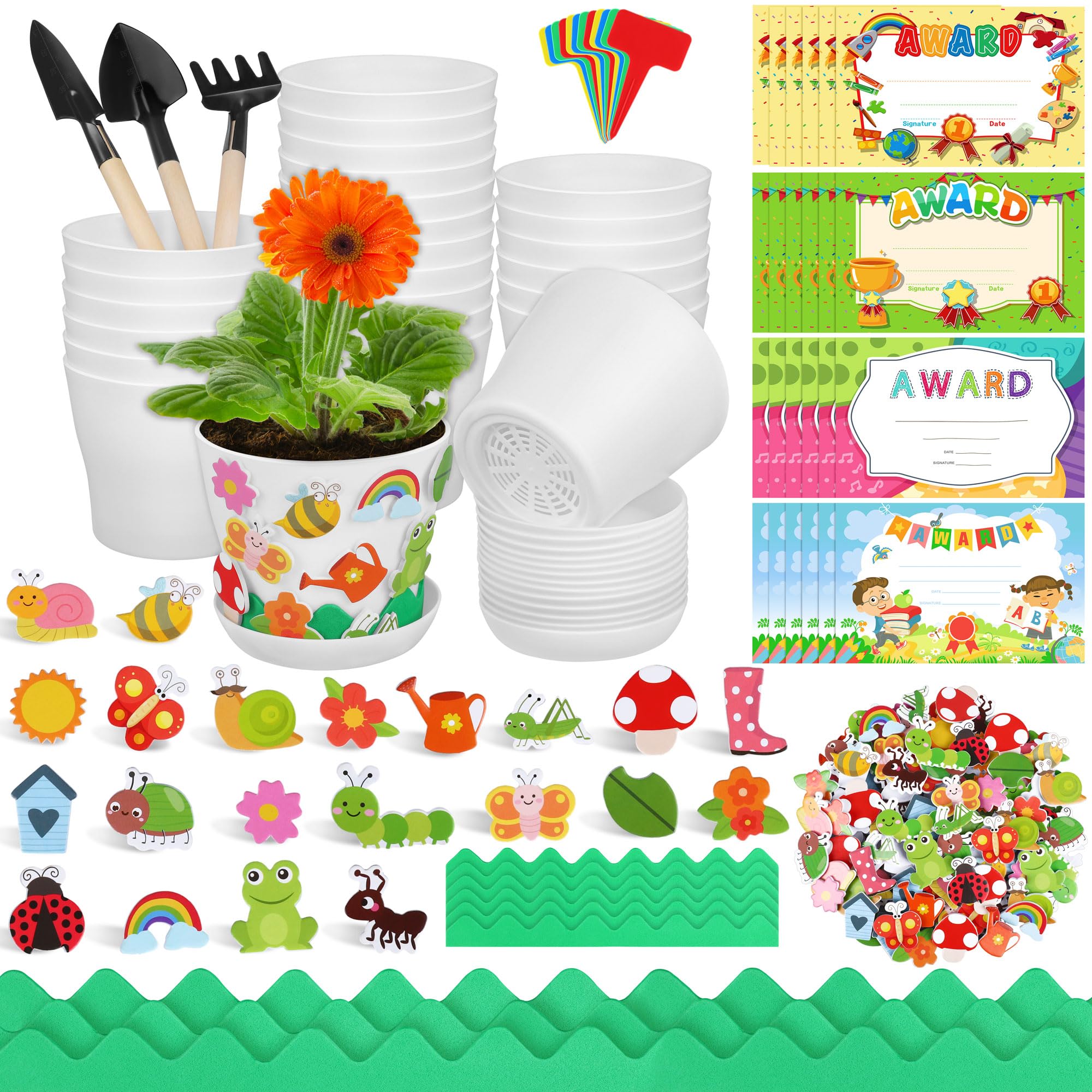 Elcoho 24 Packs Garden Plastic Pot Craft Kit Plant Spring Craft Kits for Kids Flower Pots with 150 Foam Stickers 36 Labels 24 Certificate of Awards 3 Tools Planting Growing Kit for Kids