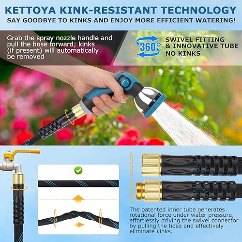 Miniatura 4 de Manguera de jardín no expandible de 150 pies, manguera de agua flexible sin torceduras con boquilla rociadora de 10 patrones, tubo de manguera