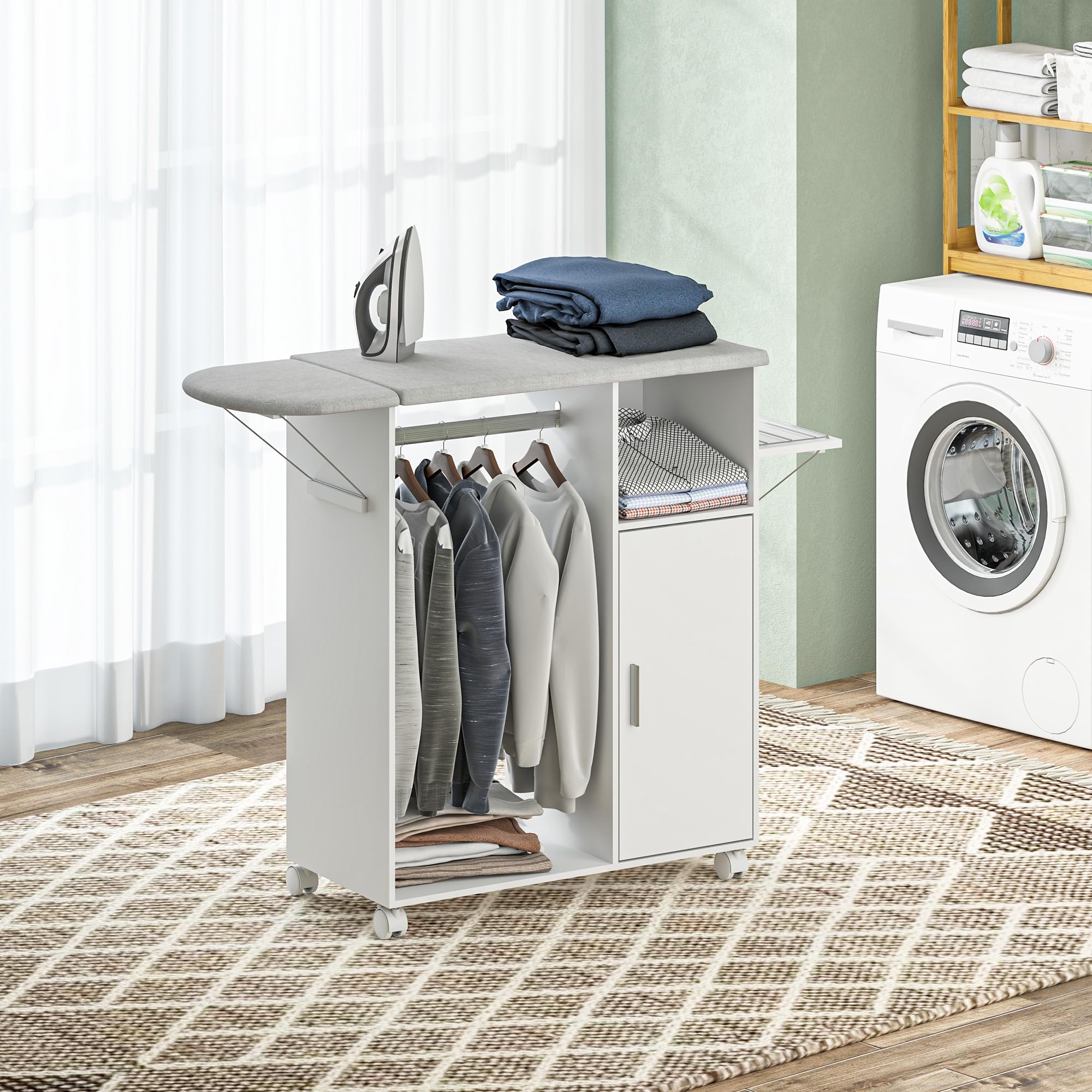 HOMCOM Mueble de Planchar de Madera Mueble de Planchado Tabla de Planchar Plegable con Ruedas Barra para Colgar Ropa Estante Abierto Estantes Ajustables para Sala Dormitorio 127x42,5x99 cm Blanco