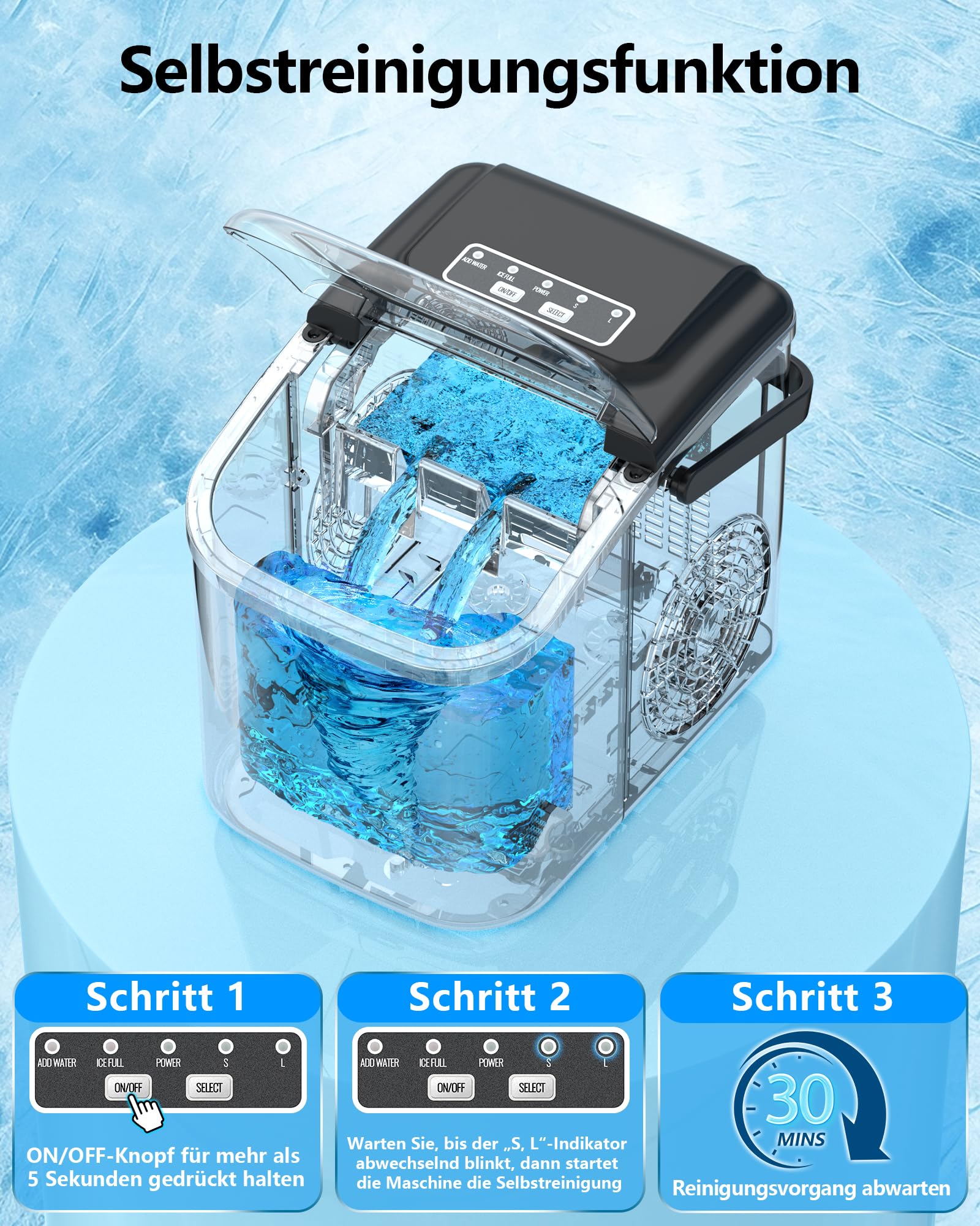Eiswürfelmaschine Klein Ice Maker Machine: Tragbarer Eiswürfelbereiter, 12kg/24H, 8 Eiswürfel in 6 Min, 2 Eiswürfelgrößen,Mini Eiswürfelmaschinen mit Selbstreinigung für Zuhause/Küche/Camping/Party/RV