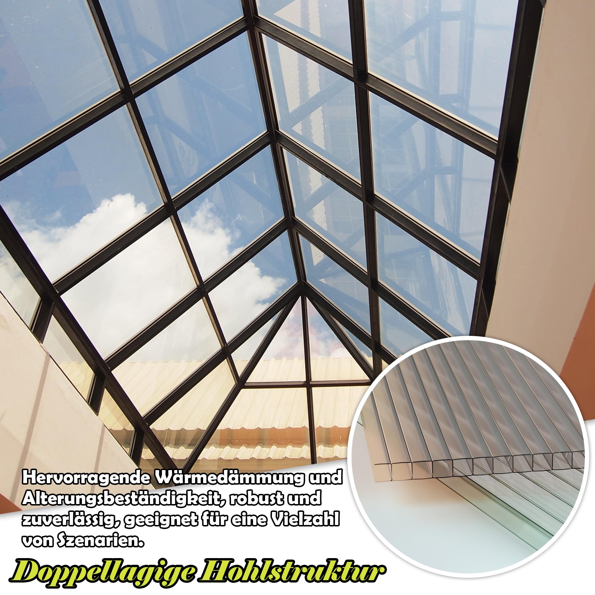 14 Stück Polycarbonat Hohlkammerstegplatten, 4 mm Stärke, 60,5 x 121 cm, 10,25 m² Gewächshausplatte Stegplatten Doppelstegplatten, Gartenbau Carports UV-beständig und Stoßsicheren