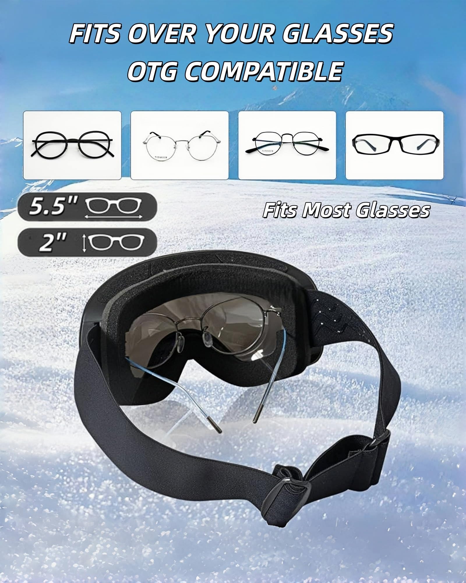 Gogle narciarskie dla mężczyzn i kobiet, ochrona OTG UV400, podwójne soczewki przeciwmgielne, sferyczne soczewki do jazdy na nartach i snowboardzie