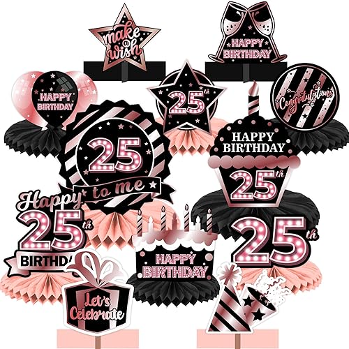 Centros de mesa de nido de abeja de color oro rosa y negro, globos para decoración de mesa para niñas, mujeres, princesas de 25 años, suministros de