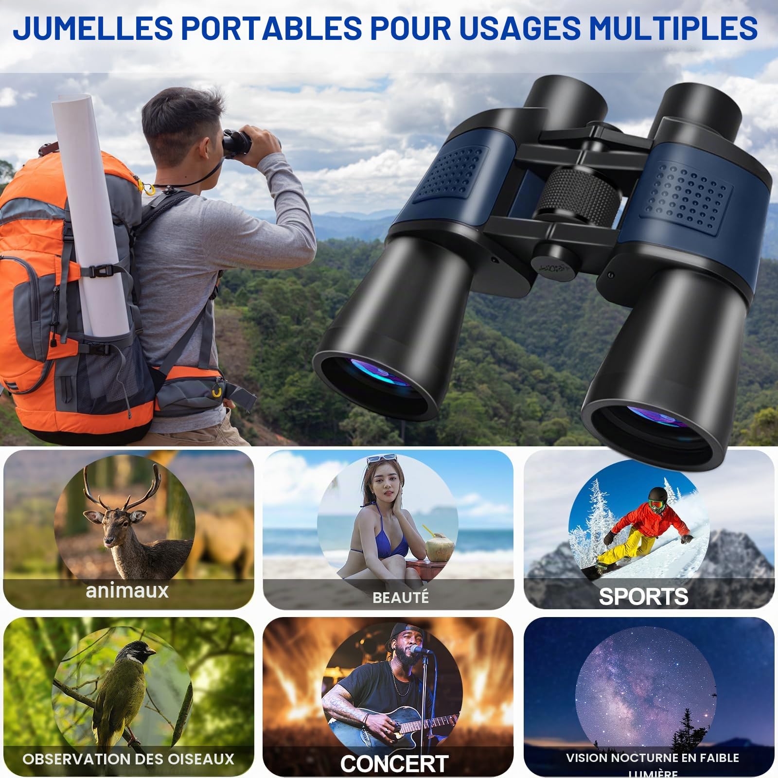 Jumelles 20x50 Adultes Vision Nocturne BAK4 Prism FMC HD Compactes Étanches avec Adaptateur Smartphone