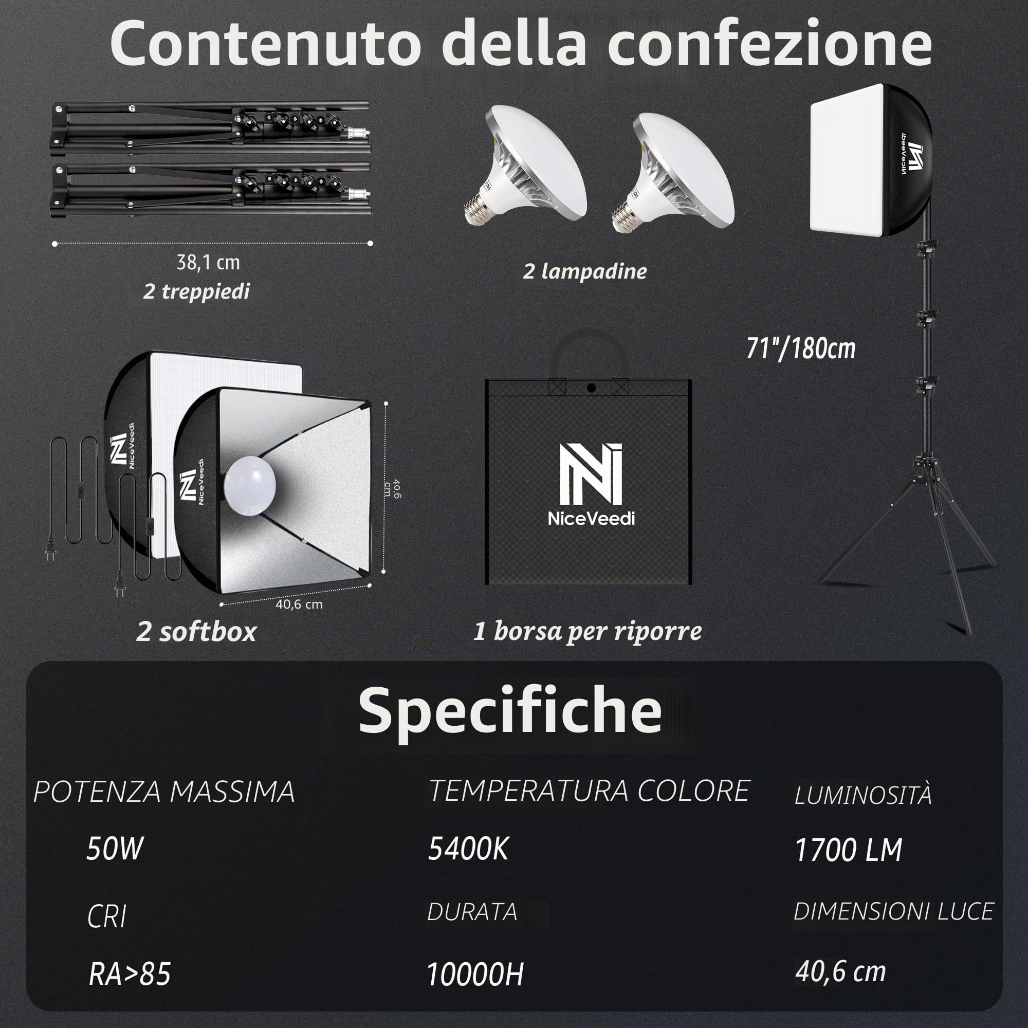 Softbox, Kit Softbox LED da 50 W, Luce Fotografica 40x40 cm con Lampadine 5500K e 150 cm Treppiede, Illuminazione Continua per Fotografia/Registrazione Video/Streaming Live (2 confezione)