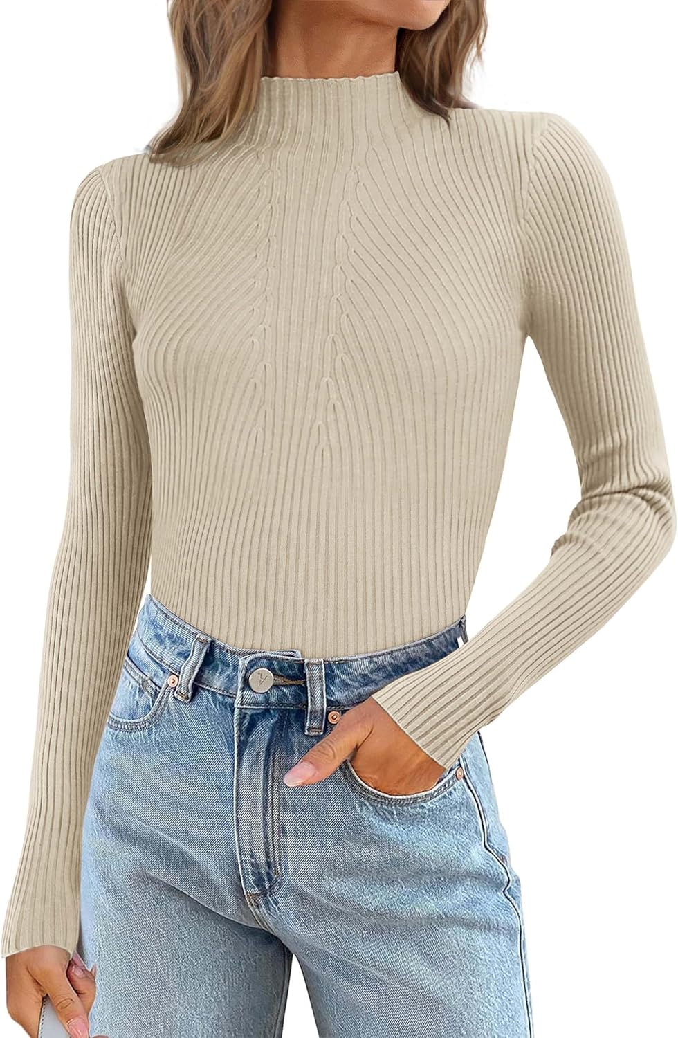 ATHMILE Women’s 2025 Fall Long Sleeve Pullover Ribbed Knit Sweater Low Mock Neck Slim Fit Basic Casual Tee Tops