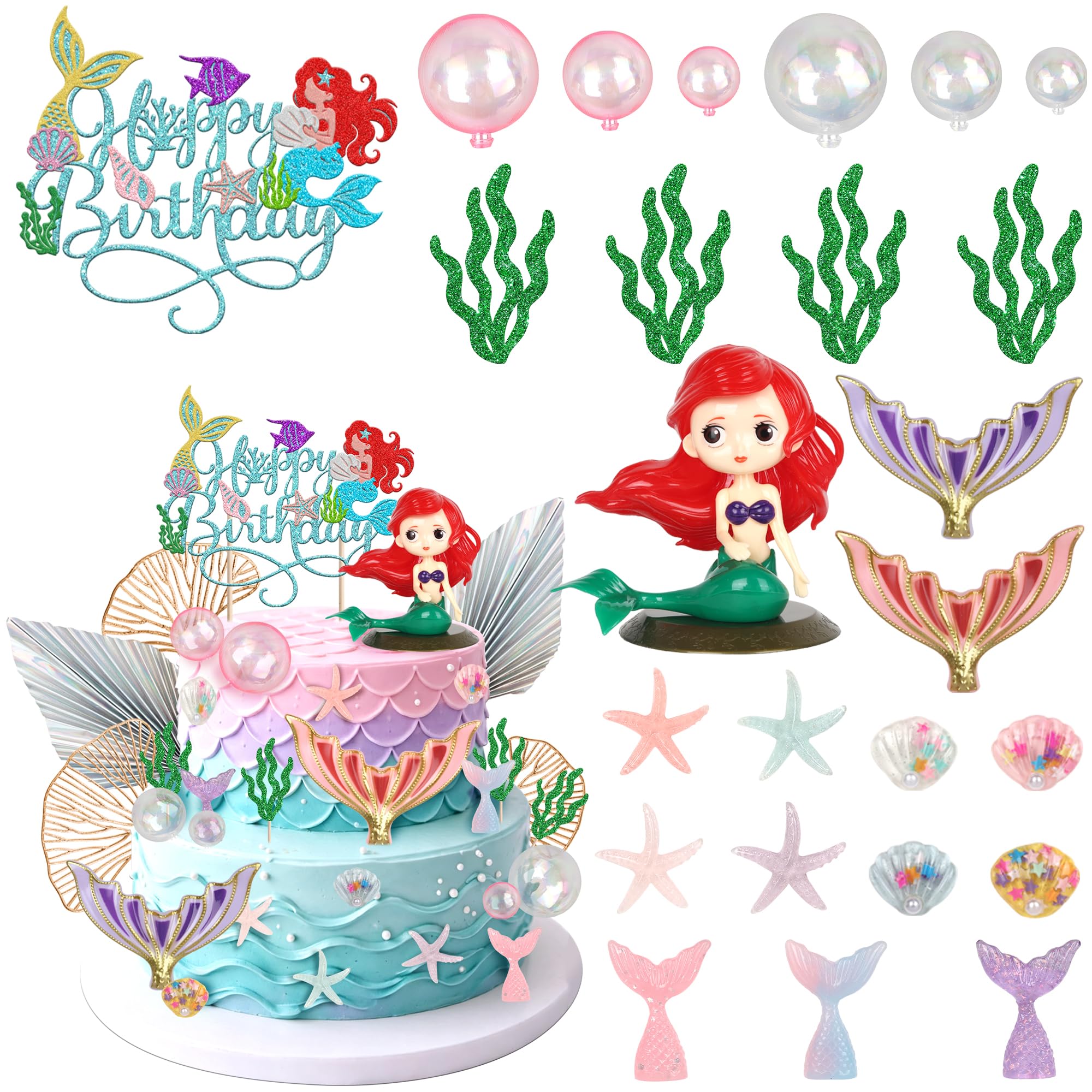 SYKYCTCY 25 Pack Mermaid Cake Topper Under the Sea Cake Decoration Bubble Balls Seashell Cake Topper Starfish Shell Sea Grass Picks Mini Mermaid Figurines Cake Decorations for Birthday Party Supplies — image 1