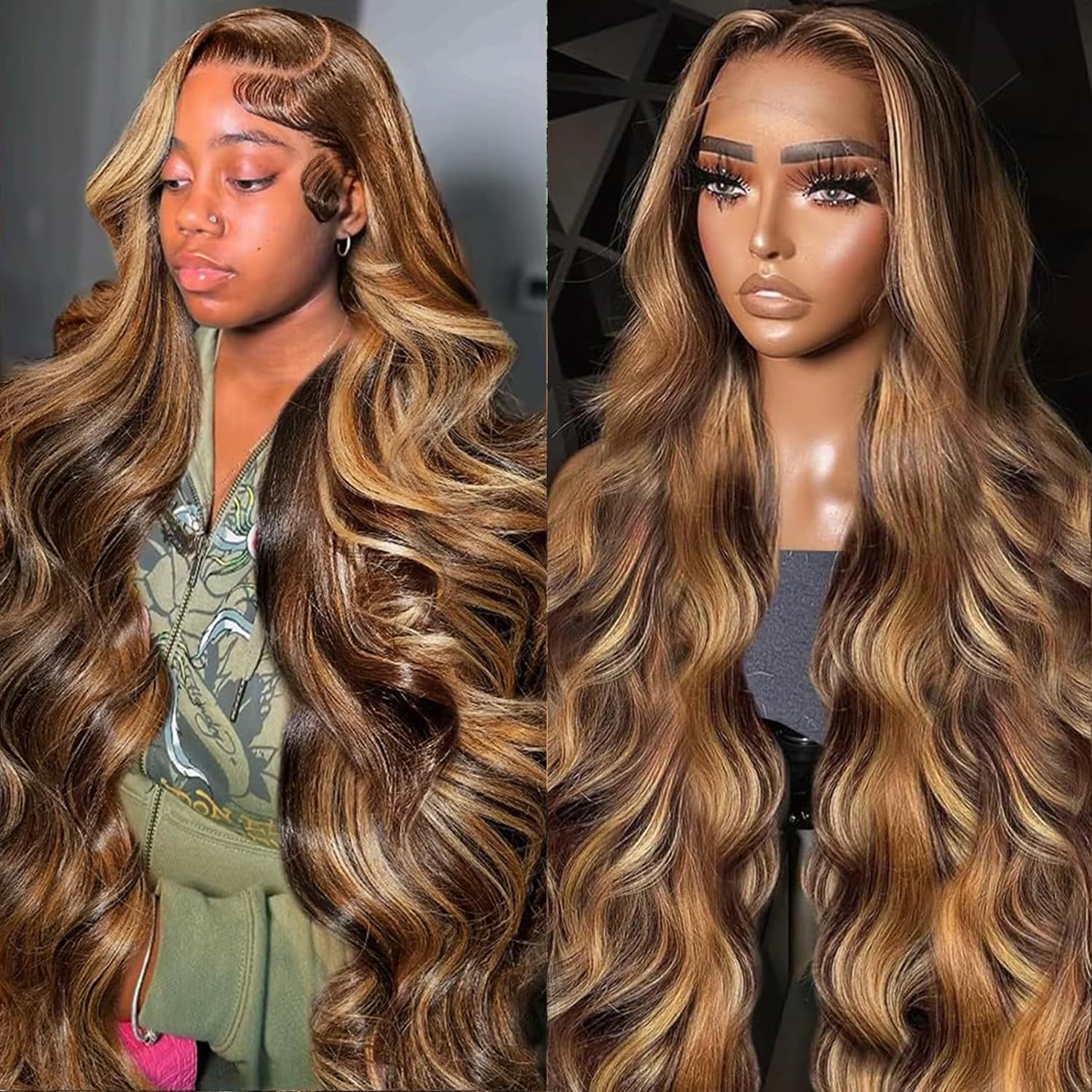 Smabuity 28 Inch Honey Blonde Ombre Lace Front Wigs Human Hair 13X6 Body Wave Lace Front Wig Human Hair Pre Plucked HD Frontal 180 Density Glueless 4/