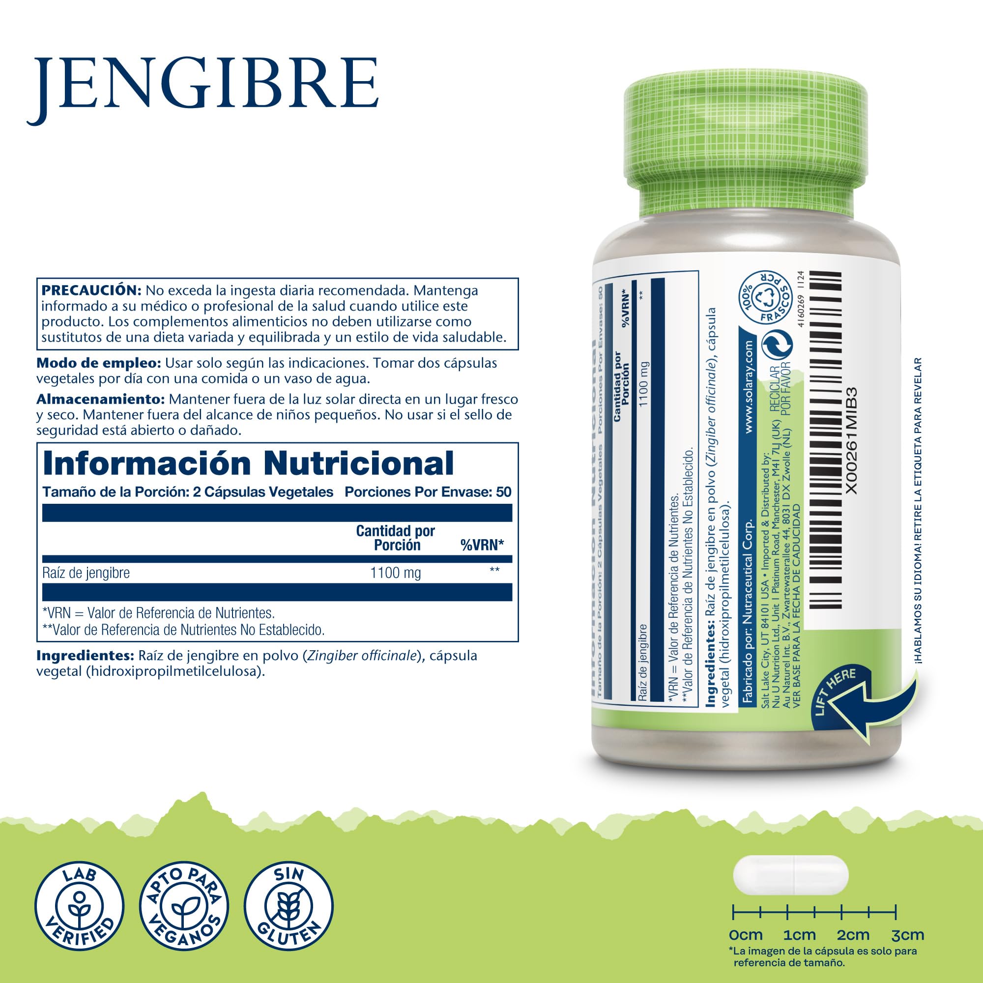 Jengibre – 100 cápsulas veganas – Suplemento de jengibre de alta resistencia, no tabletas ni chupitos, raíz de Zingiber Officinale, sin OMG y verificado en laboratorio Solaray