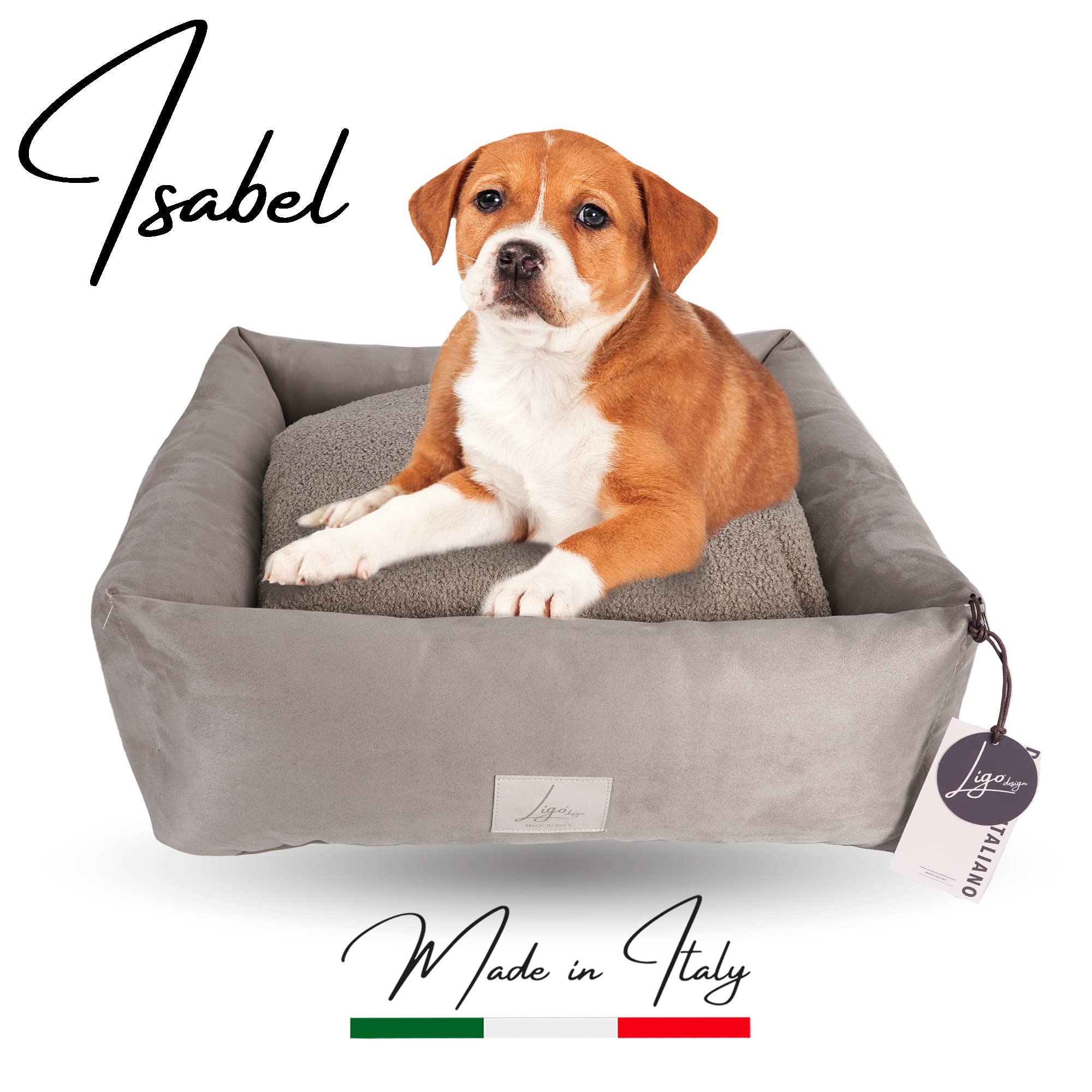Ligo ISABEL - Cuccia per cani, cuccia per cane artigianale italiana in tessuto vellutato/ricciolino sfoderabile lavabile. Lettino letto materassino cuccetta cuscino mordido per cane. BEIGE CHIARO-S