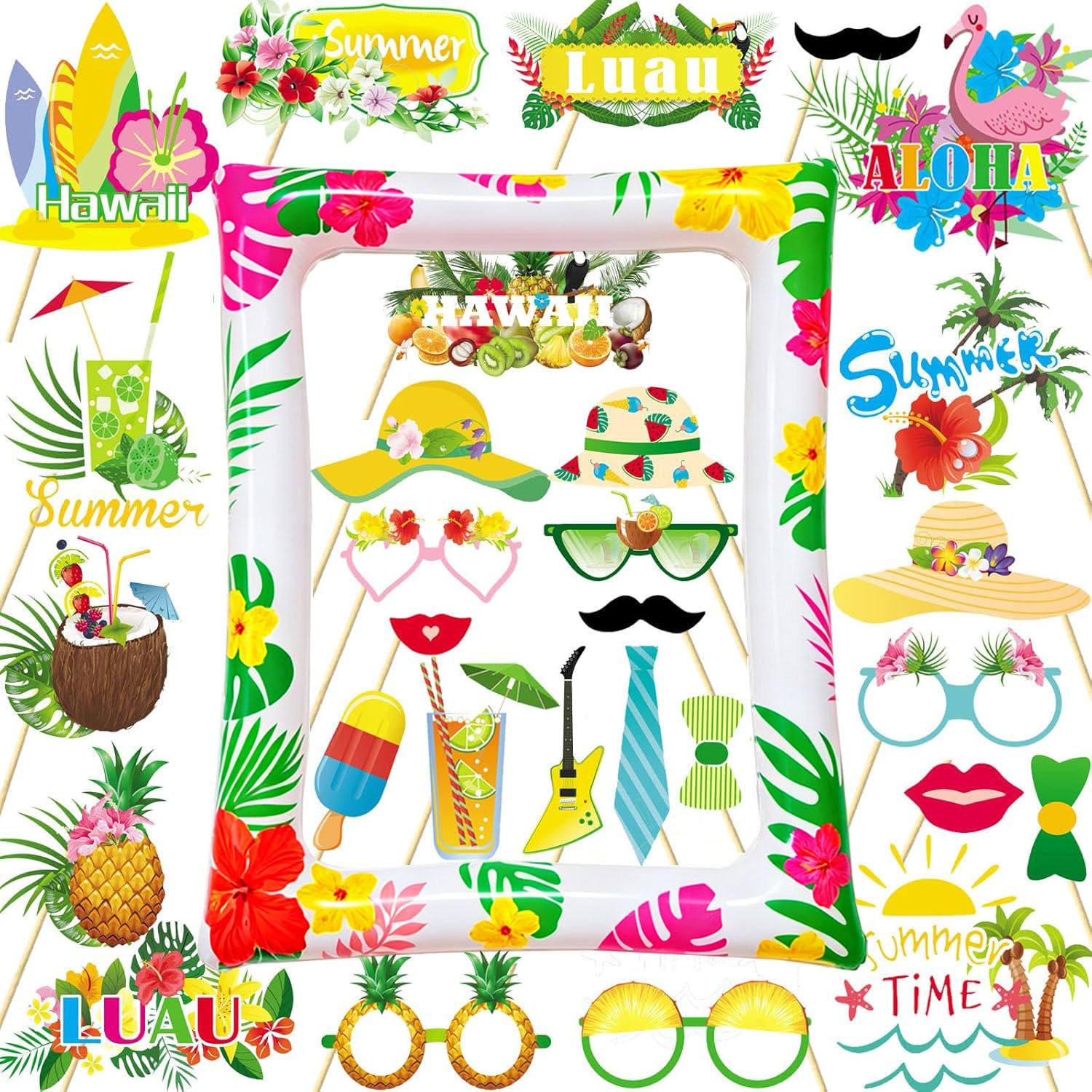29 PCS Hawaiian Party Photo Booth Props Kit, LMSHOWOWO Inflatable Hawaiian Photo Booth Frame Selfie Frame, Funny Summer Luau Photo Booth Props for Hawaiian Tropical Tiki Summer Pool Party Supplies