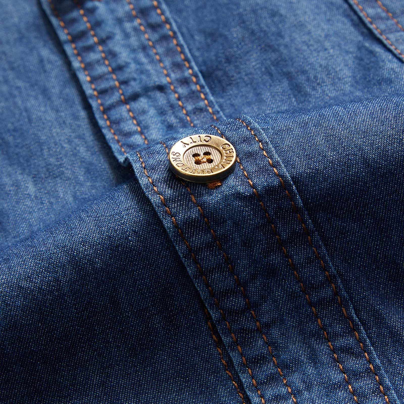 Chemise en jean à manches courtes pour homme - Chemise d'été en denim - Manches courtes - Boutons-pression - Bleu clair - Gris foncé - Coupe droite - Look usé - Coupe ajustée - Chemise de