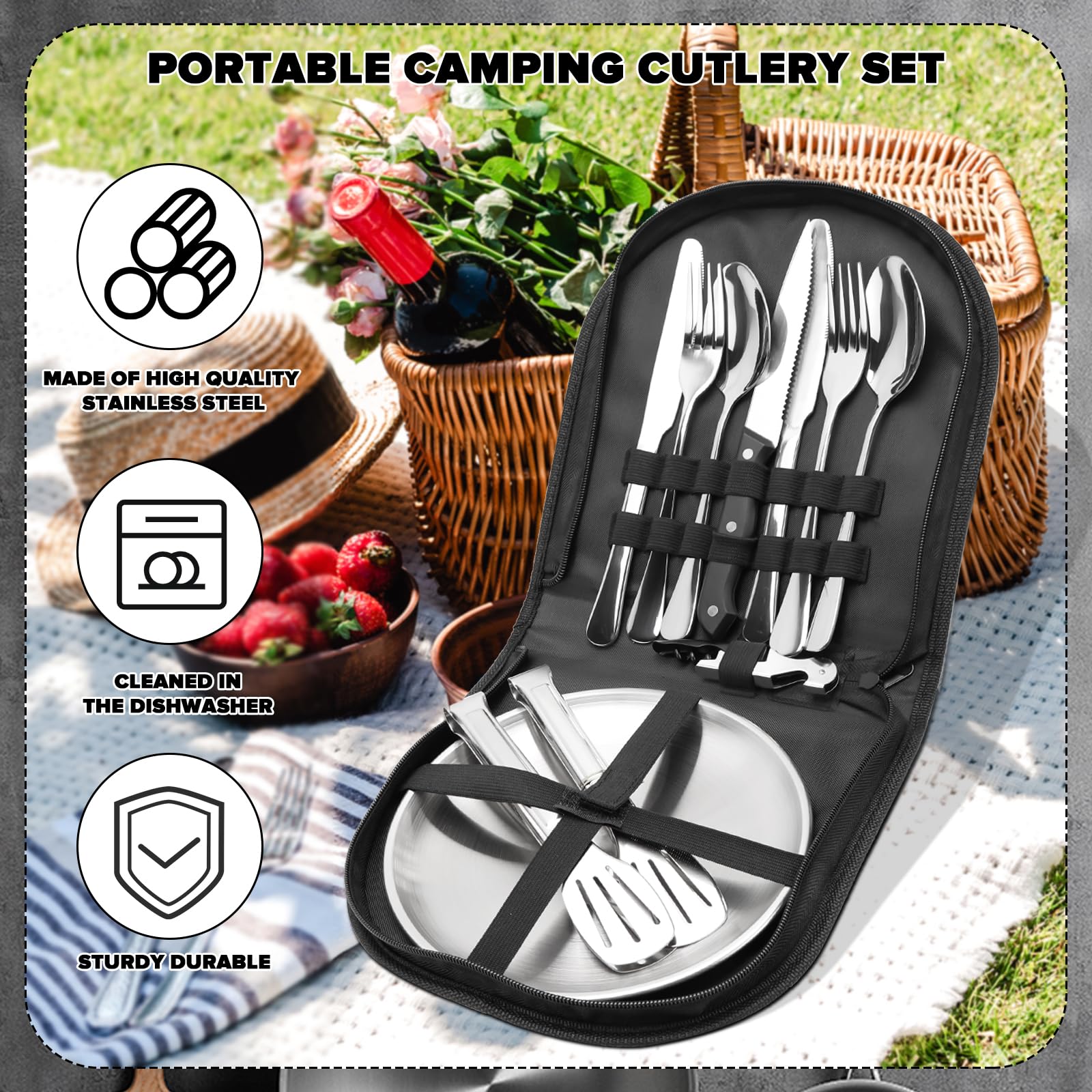 Utensili da campeggio, ReaNea Kit mensa da campeggio per viaggi, picnic, all'aperto, attrezzatura da campeggio Include coltello, cucchiaio, forchetta Set di posate, tazza, ciotola, piatto