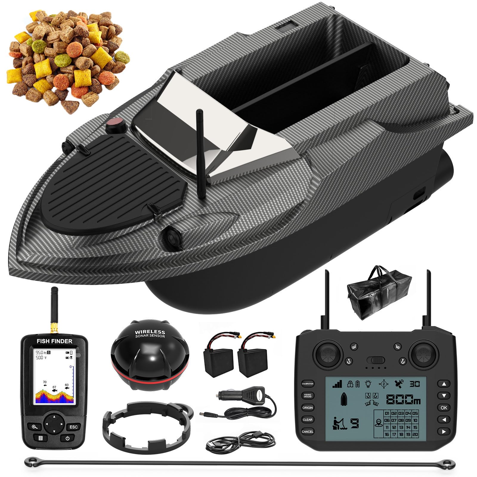 Barco Cebador GPS con Sonda de Pesca, Barco de Cebo de Pesca, 180 Puntos, Control Remoto Inteligente 800m, Doble Tolva 3KG, Retorno Automático, Luces LED, Casco ABS