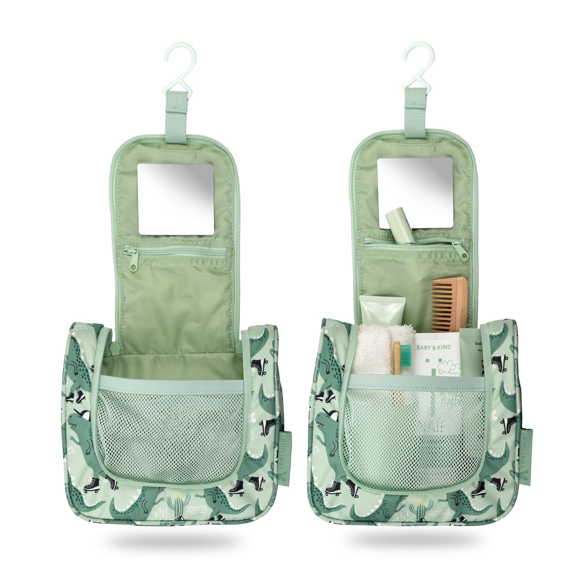 Beauty case bambino appendere trousse toilette sostenibile poliestere riciclato idrorepellente specchio scomparti Dinosauro Verde