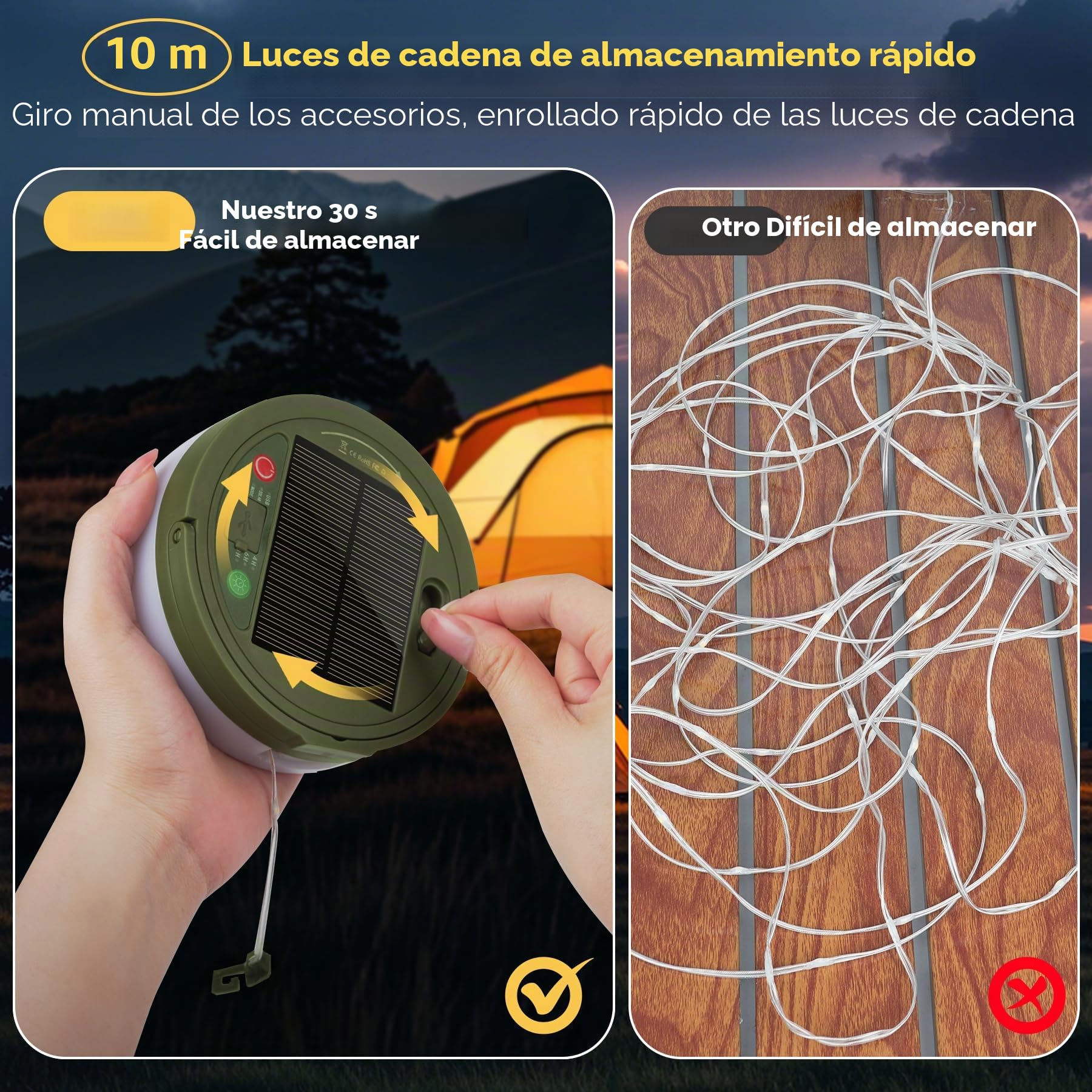 10M Retráctil Cadena de Luces para Camping,3 en 1 portátil para exteriores a de Impermeable Lampara Camping,8 modos de iluminación,Solar y USB de carga,pour le Jardín,la décoration de patio