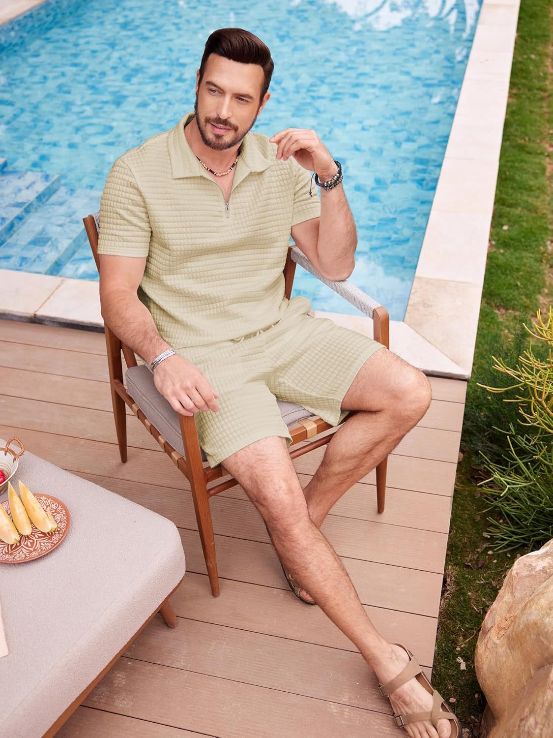 JMIERR Men's 2 Piece Waffle Knit Outfit Half Zip Polo Shirt and Shorts Textured Summer Set - Image 8