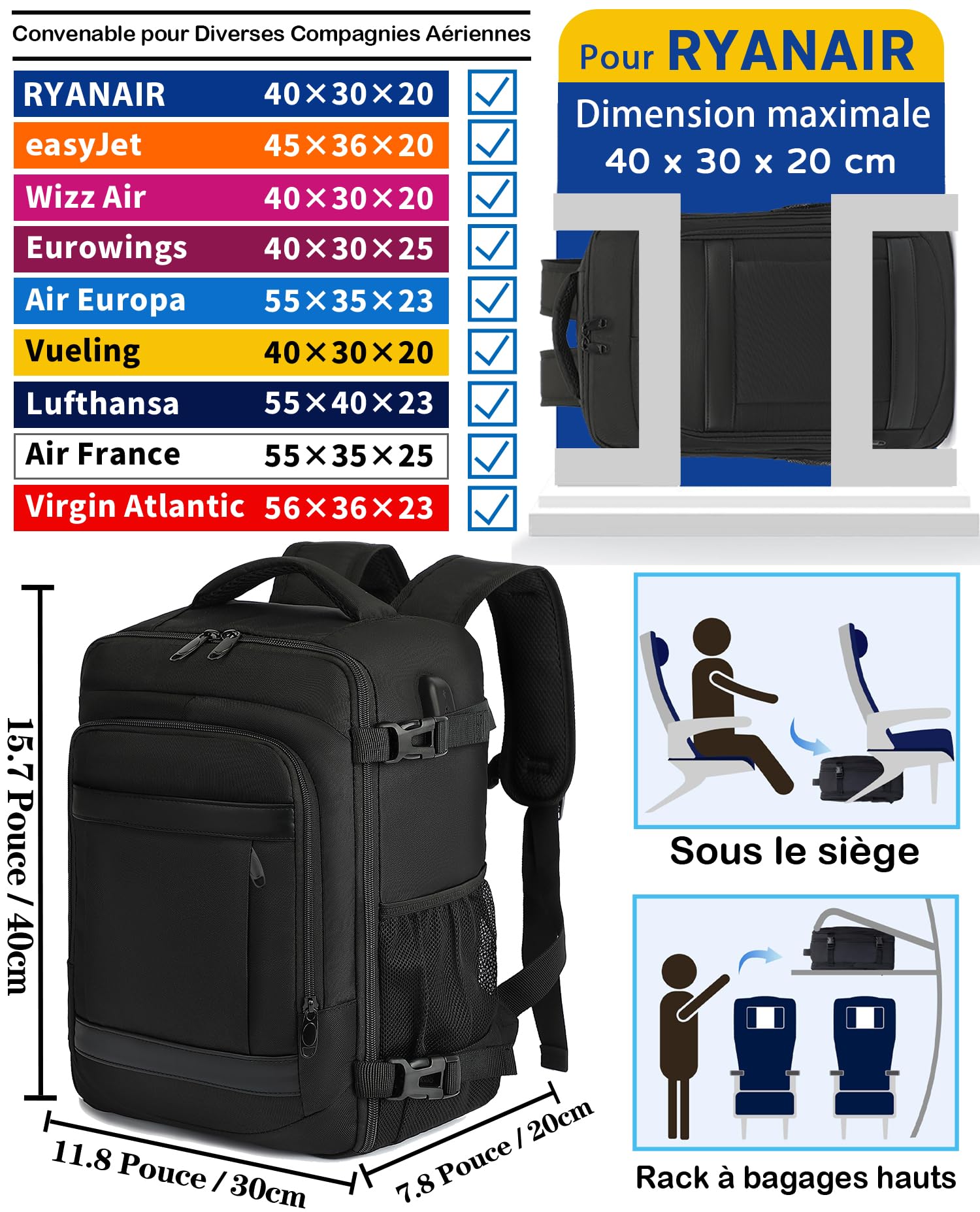 KLOSTAIN Sac à dos Voyage Cabine Avion 40x30x20 Bagage Cabine 24L Anti-vol pour Ryanair easyJet Eurowings Femme Homme Noir - 2