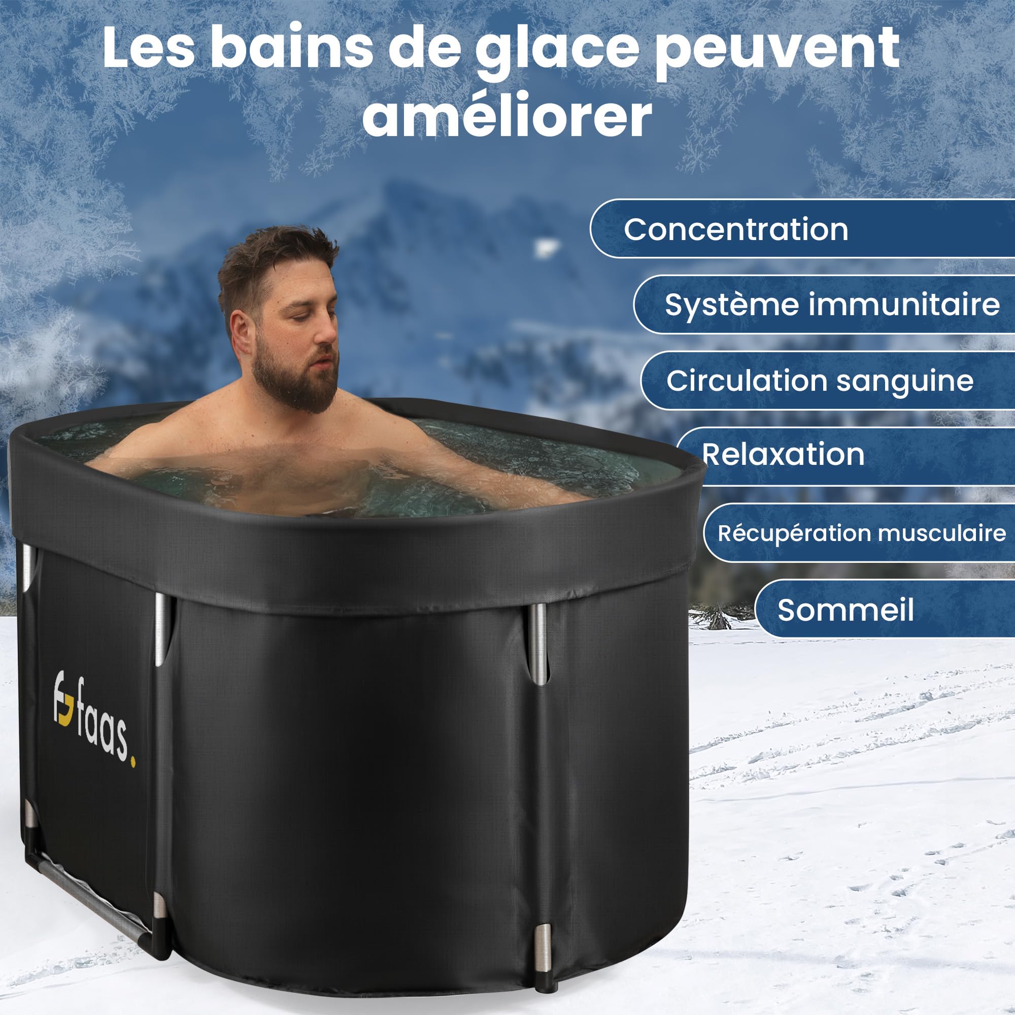 Faas Bain de Glace XL 420L – Baignoire Pliable pour Adultes – Avec Couvercle, Tuyau de Vidange & Accessoires – Ice Bath – Portable, PVC Durable, Facile à Installer – Noir