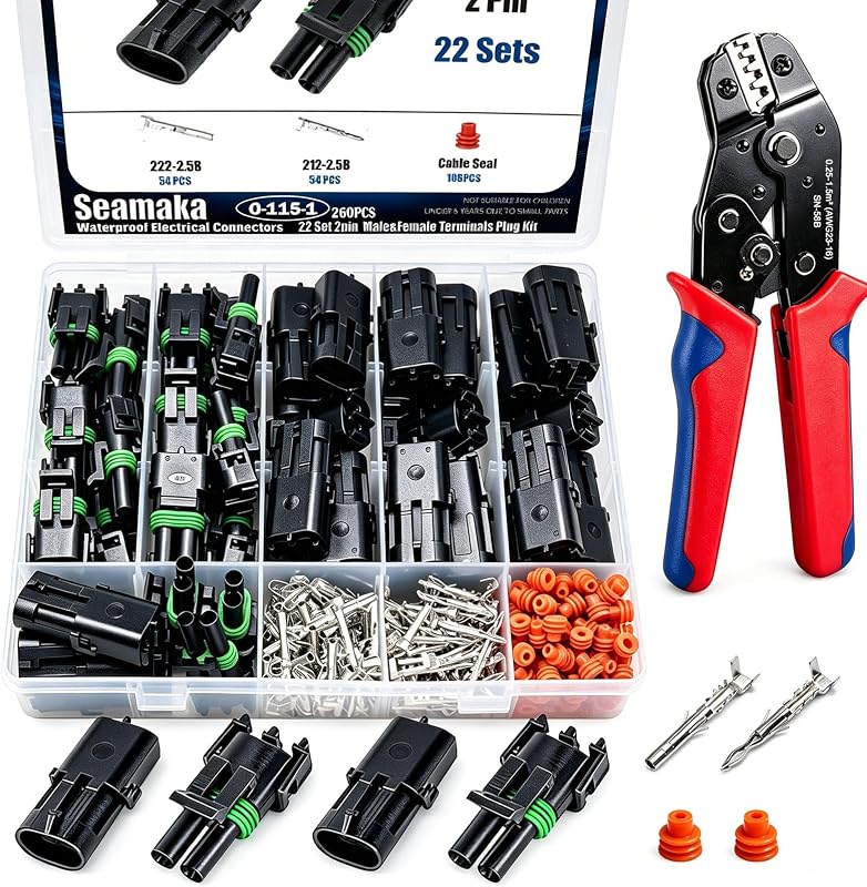 Kit de conectores elétricos automotivos à prova d’água Seamaka com alicate de crimpar com catraca – 261 peças