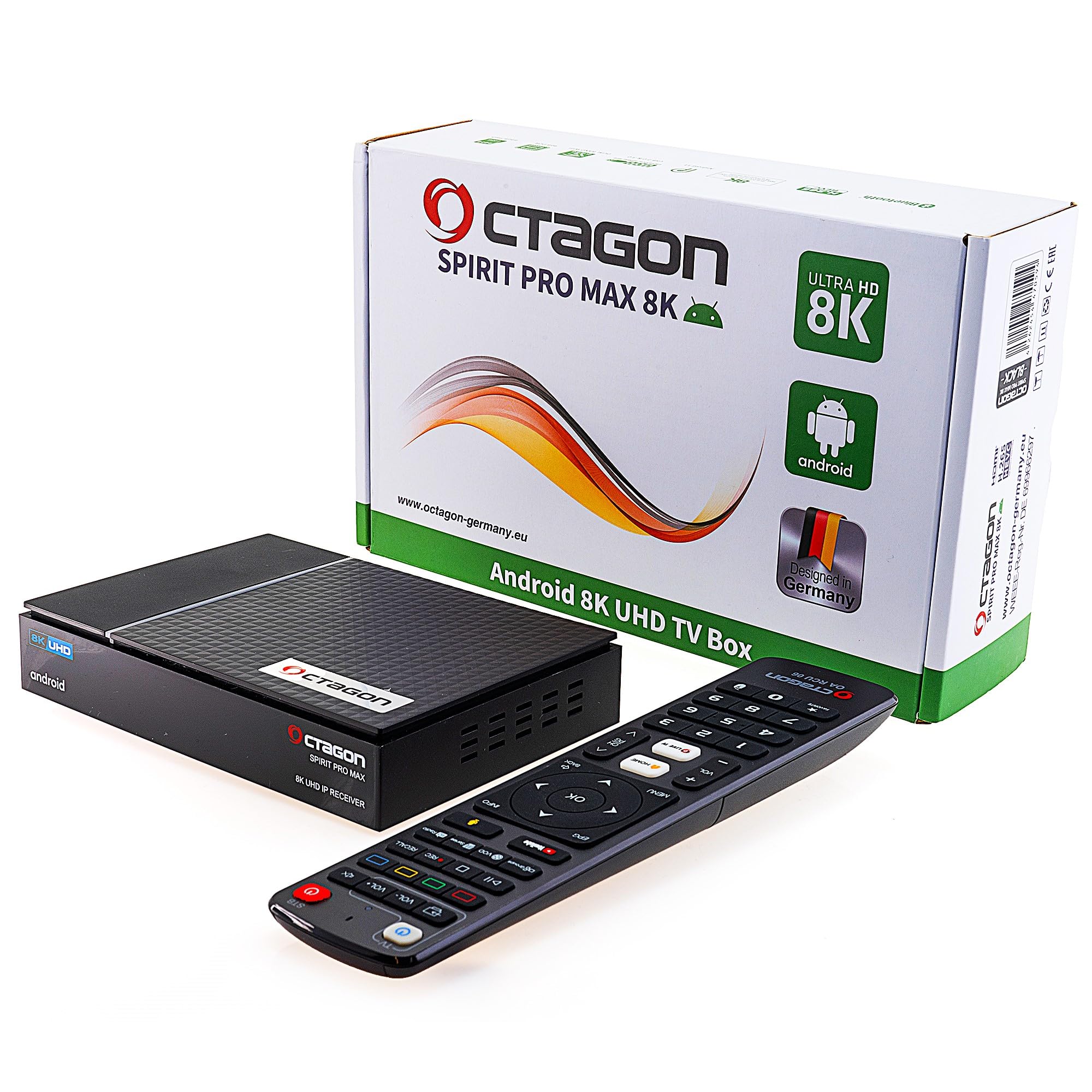 [Test SEHR GUT *] Octagon Spirit PRO MAX 8K Android TV Box, Dual Band WiFi WLAN, Bluetooth Fernbedienung, Sprachsteuerung, HDR10+, HLG, 4GB RAM & 64GB Flash, TV IP Receiver, Bluetooth 5.1, 4K UHD