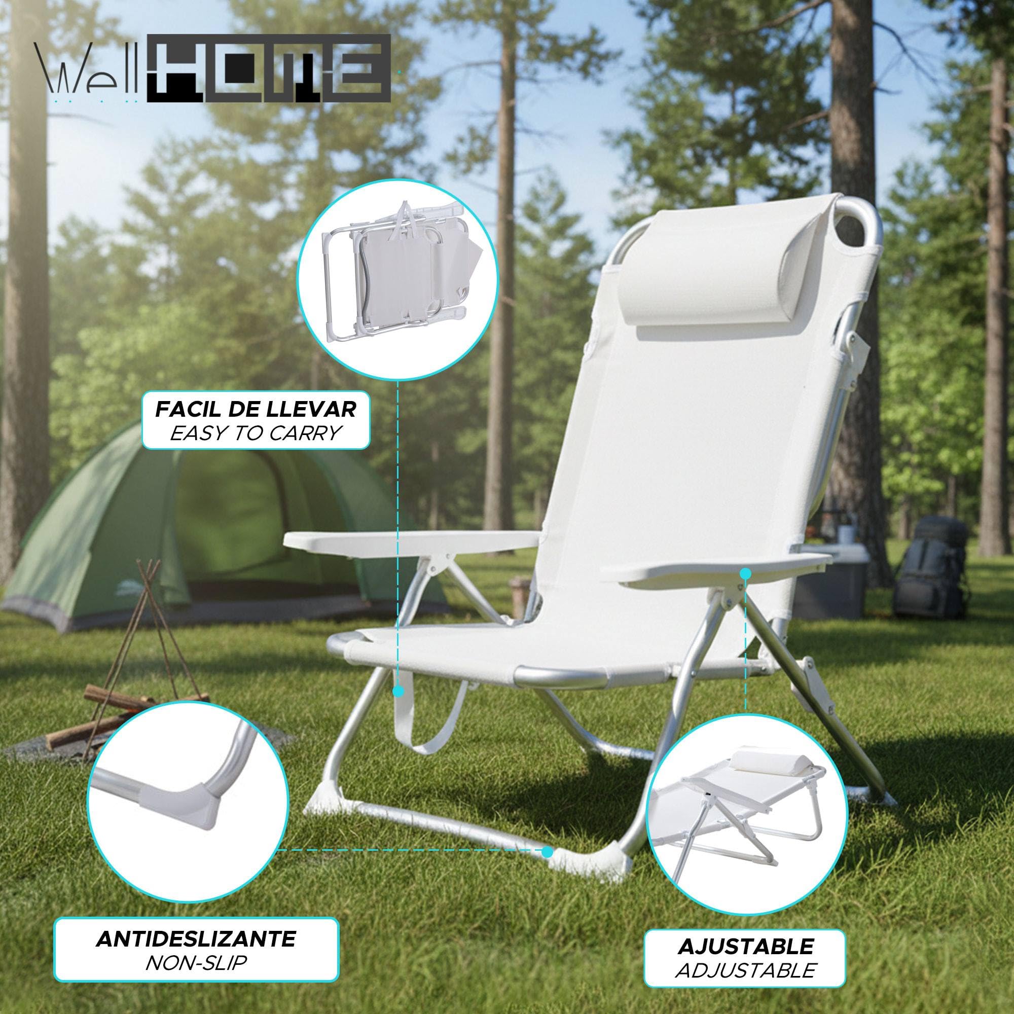 Well Home Silla de Playa Aluminio Tubo Ø22mm con Almohada, textilene 2x1 Tela Blanca, Altura Total 78cm, Asiento 47cm