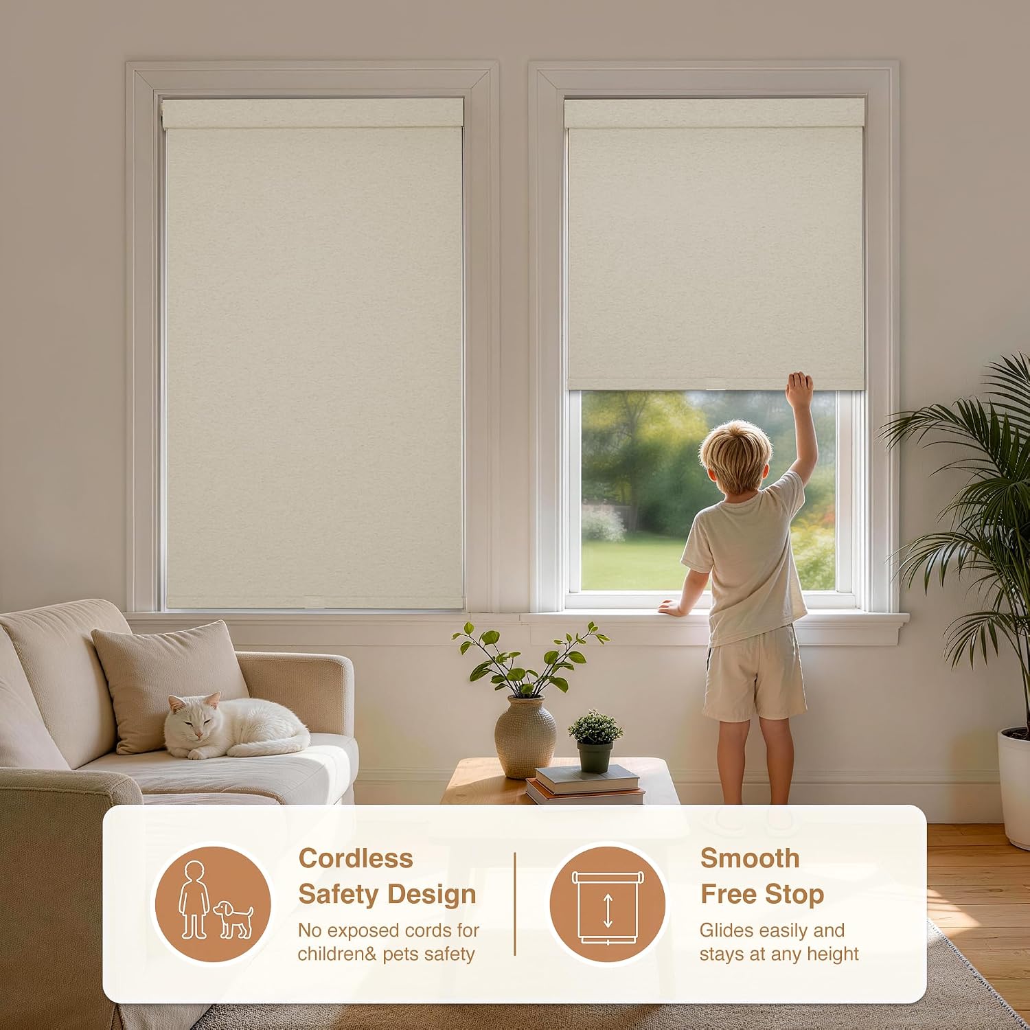 HESTIA No Drill Blackout Cordless Roller Shades for Windows, Thermal Insulated Jacquard Fabric Blinds with Valance, Easy Inside Mount for Bedroom and Home Office,Linen, 33" W x 72" H