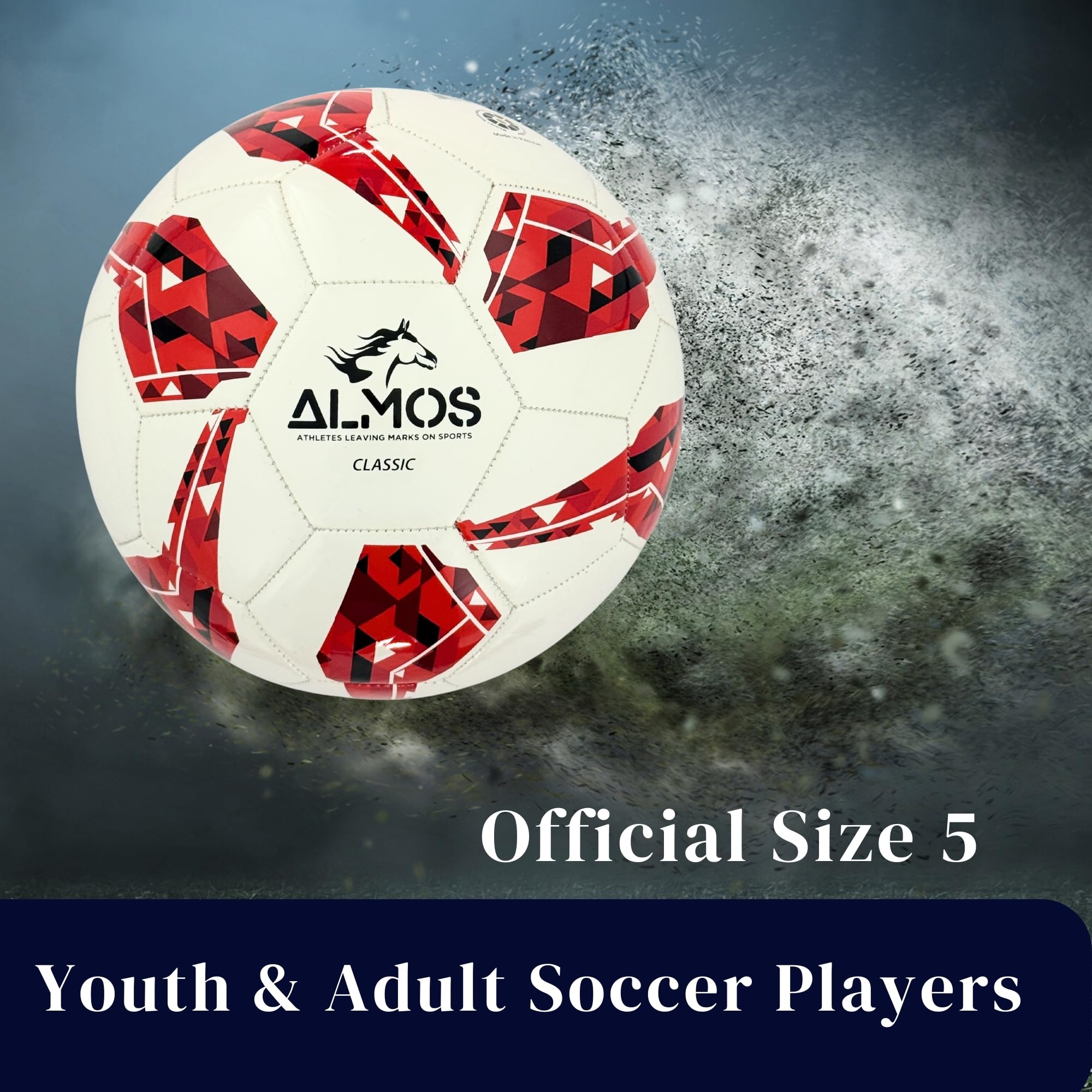 Pallone da calcio classico Almos 32 pannelli, colore rosso, qualità premium con elegante colore rosso, copertura lucida in TPU da 0,15 mm per durata e visibilità: per allenamento e partite di Almos.