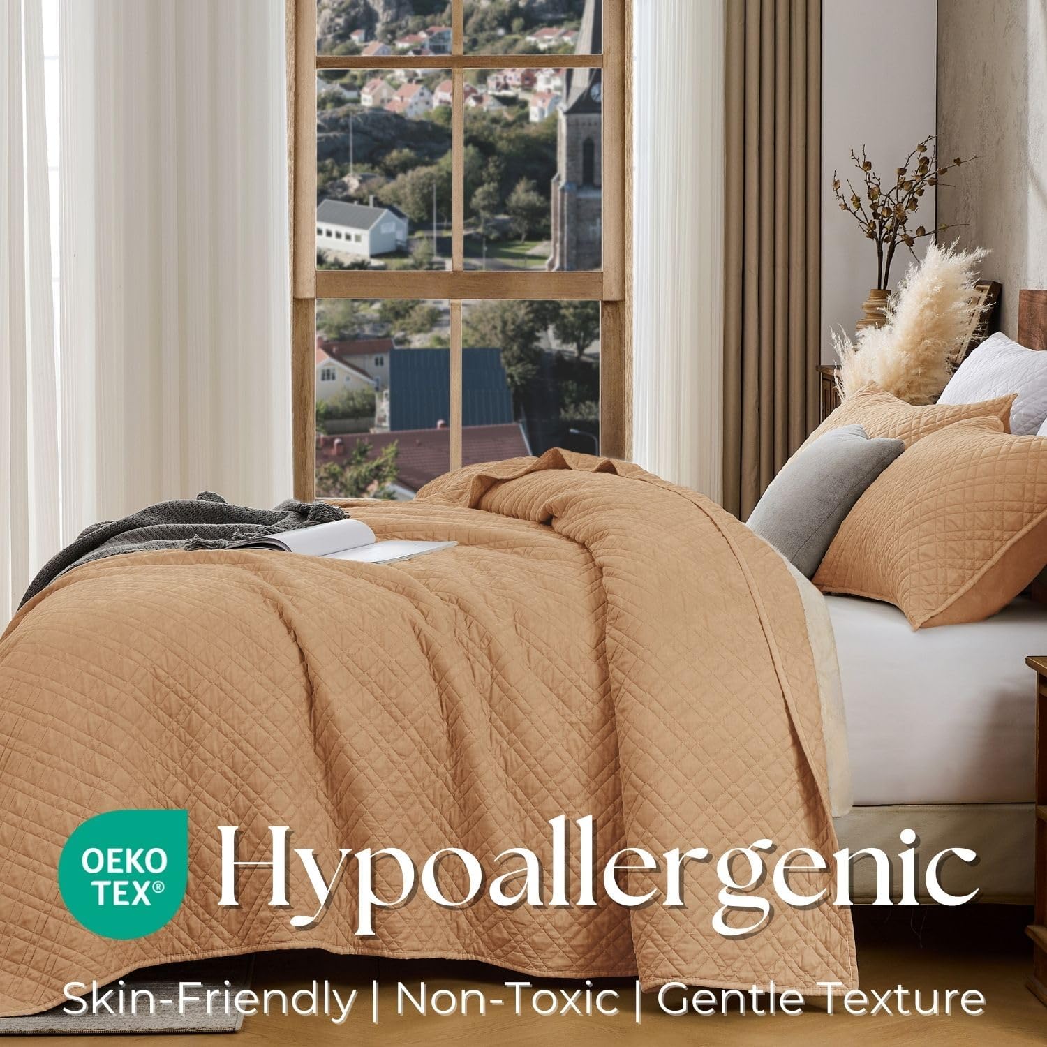 King Quilt Set with Shams Lightweight Quilted Bedspread Coverlet Thin Comforter Bed Cover Vintage Washed Quilted Blanket for All Season, Brushed Microfiber Diamond Stitching, Brown, 104"x92" - Image 5