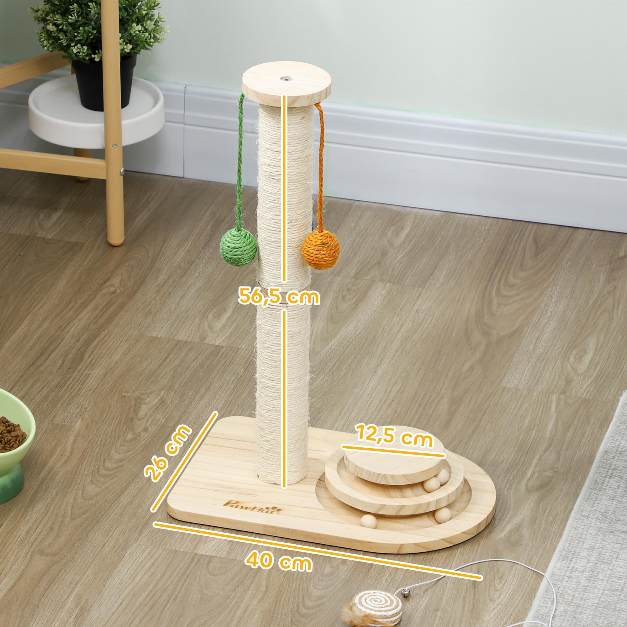 PawHut Tiragraffi 56,5 cm con sisal legno naturale | Grattatoio con 3 palline sospese, palla a tracciato
