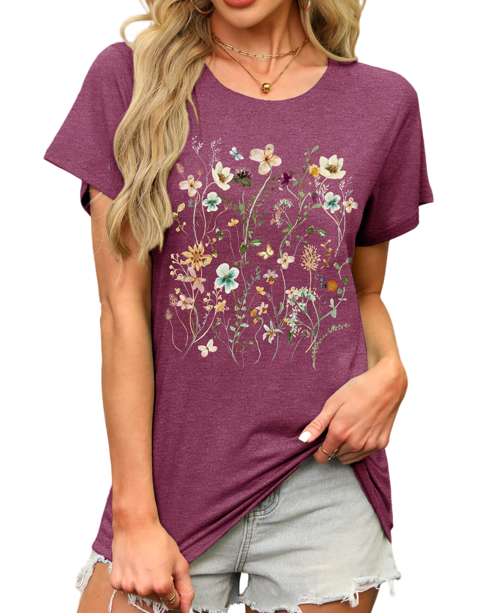 MAPICK Women's Floral Graphic Tees Short Sleeve Casual T-Shirts Boho Style Cute Summer Loose Fit Tops