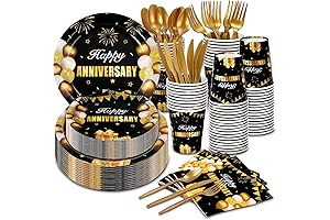 24-Guest Black and Gold Happy Anniversary Tableware Supply Set
