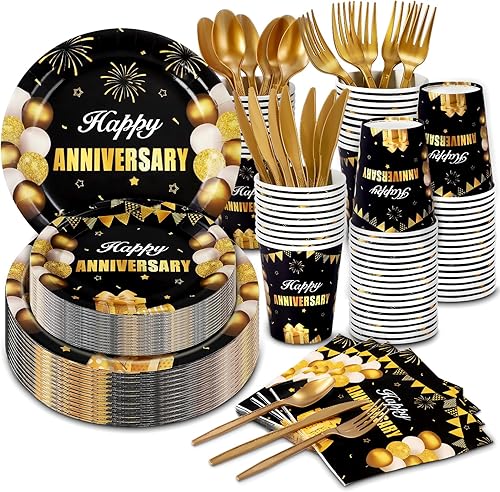 Juego de vajilla de 168 piezas de suministros de fiesta en negro y dorado, platos, cuchillos, tenedores, cucharas, tazas y servilletas, decoraciones
