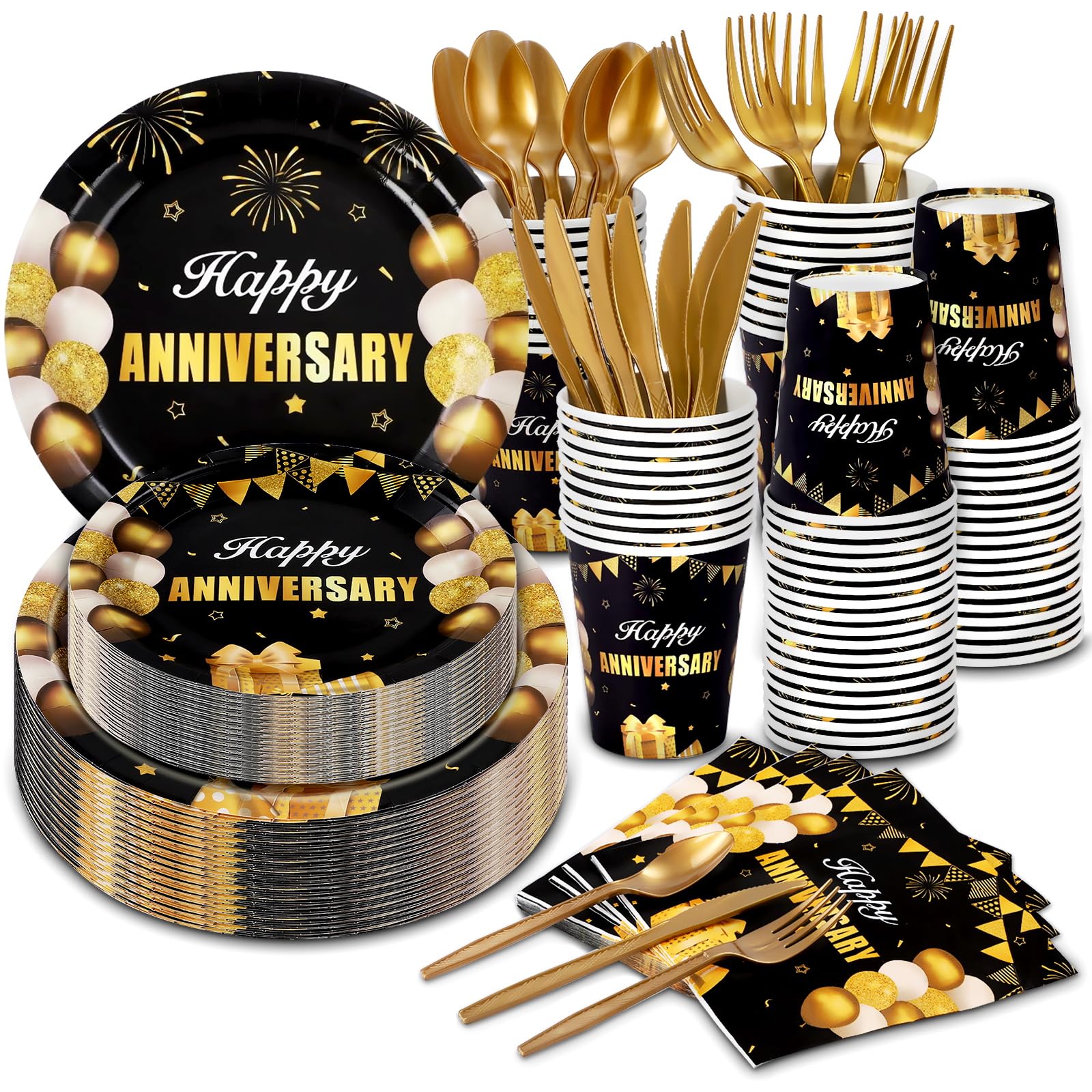 168Pcs Black and Gold Party Supplies Tableware Set Happy Anniversary Plates, Knife,Forks,Spoons, Cups and Napkins Table Decorations for Anniversary