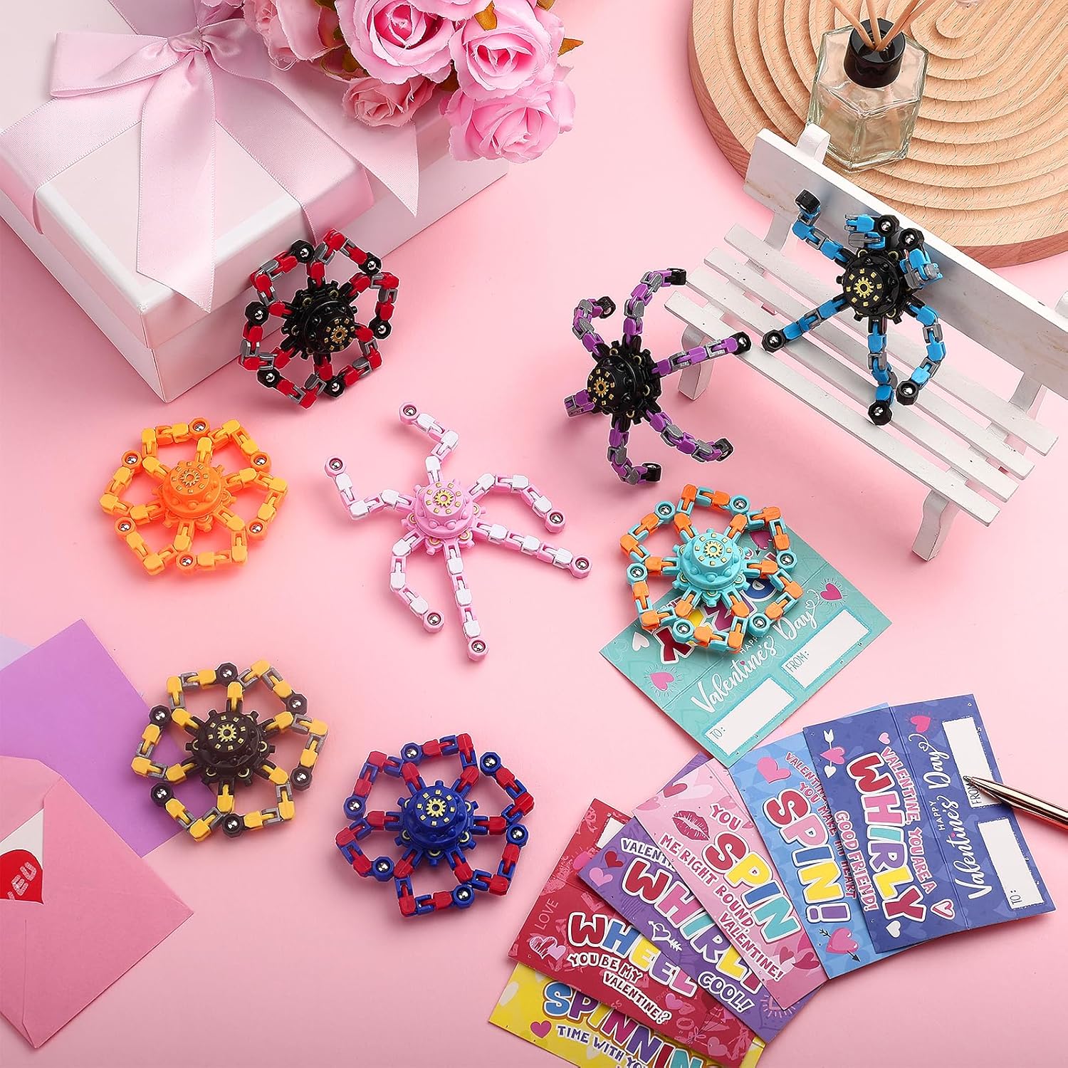 ShinyRelief 24 PCS Valentine's Day Fidget Spinners with Cards Set Transformable Spinner Toys with Spin Cards Bulk Valentine Classroom Party Favors, Stress Relief Sensory Gifts for Party (Mechanic)