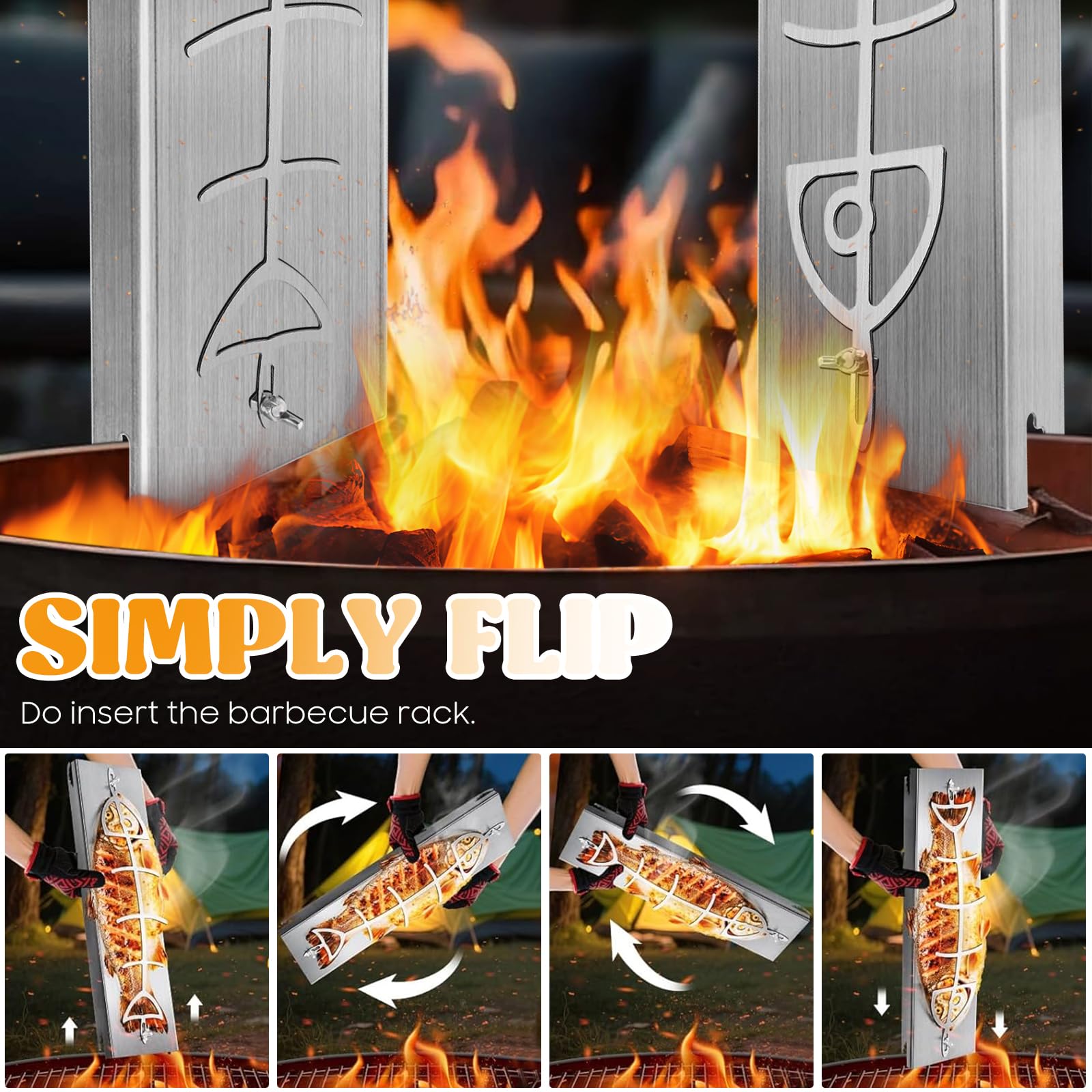 Set de 2 Tablas para Salmón a la Llama de Acero Inoxidable – 59×16×3,7 cm y 52×11,5×3 cm – Soporte BBQ Ajustable para Pescado, Carne y Verduras – Antióxido, Resistente al Calor y Reutilizable