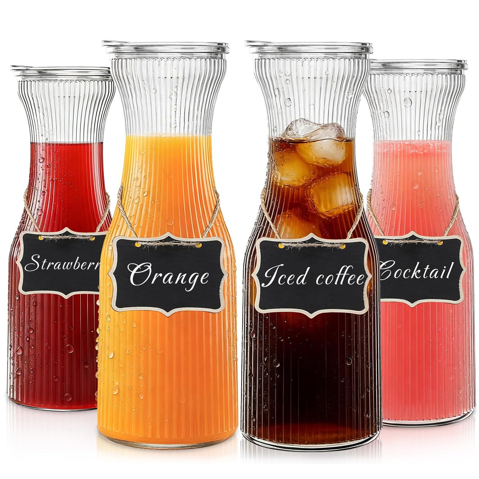 INSETLAN 1 Liter Glass Carafe with Plastic Lid,4 Pack Ribbed Glass Water Jug for Water, Juice & Iced Tea, Glass Pitchers for Restaurants & Home Use