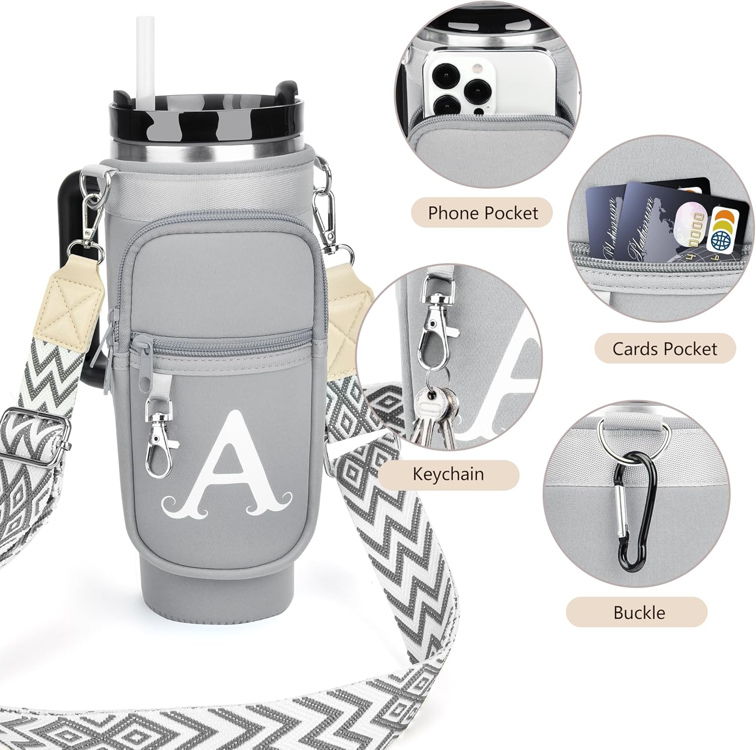 LOKASS Initial Water Bottle Holder with Upgrade Canvas Strap for Stanley 30 oz Tumbler, Gift for Mom Mother's Day Day gifts with Phone Pocket, Personalized Accessories for Stanley Cup, Grey - Z