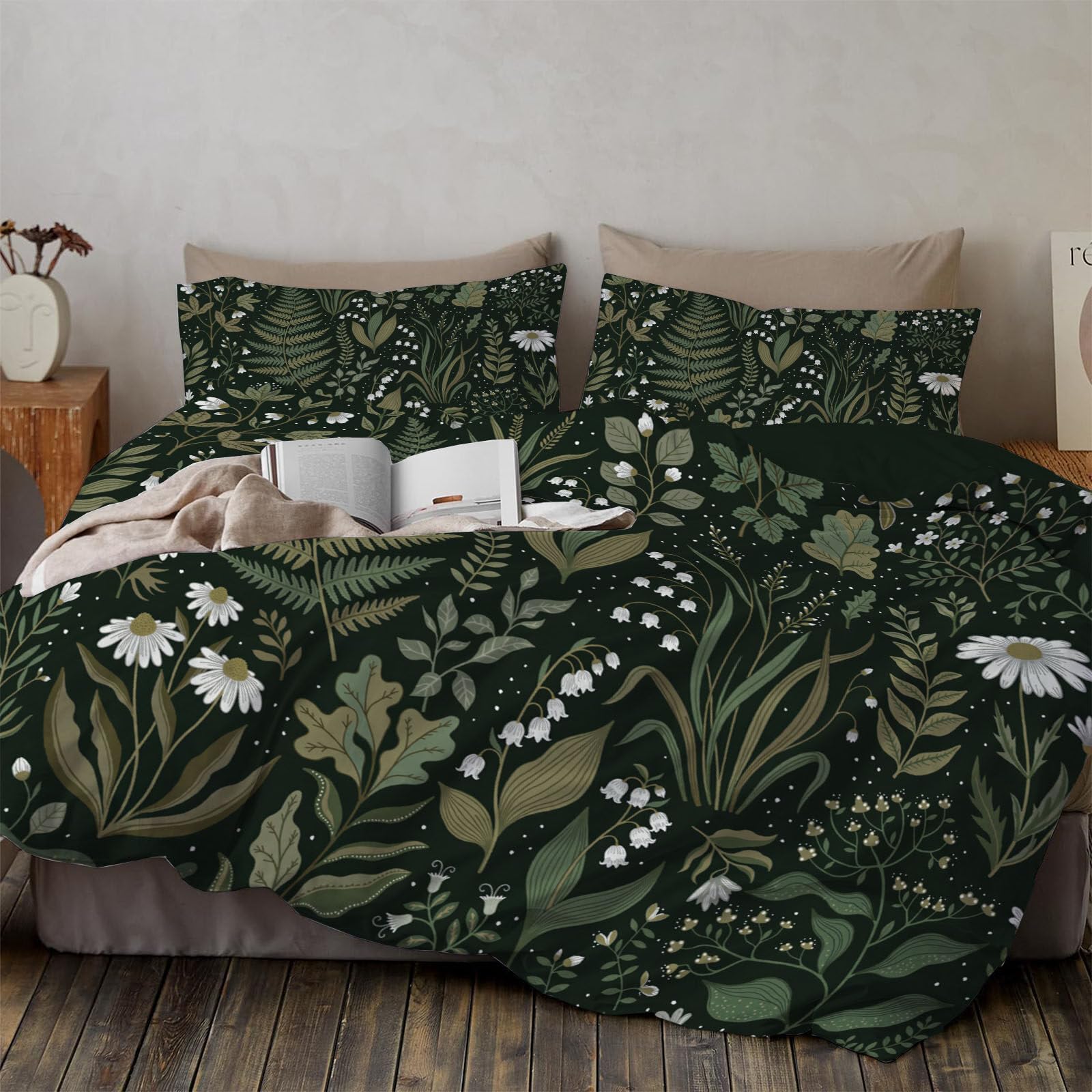 Housse de couette 140x200cm fougères fleuries taie d'oreiller 65x65 cm parure lit enfant